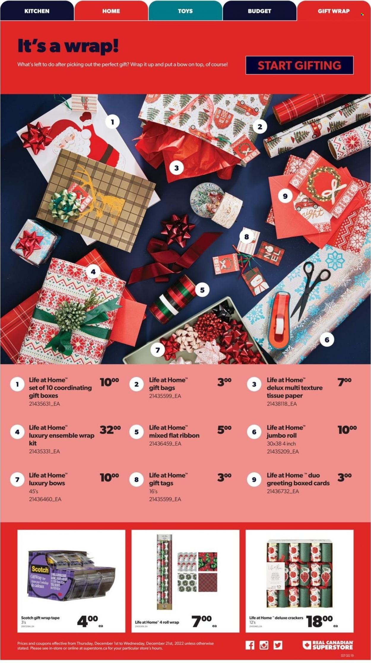 thumbnail - Real Canadian Superstore Flyer - December 01, 2022 - December 21, 2022 - Sales products - crackers, toilet paper, tissues, gift box, bag, boxed card, gift wrap, paper, ribbon, toys. Page 19.