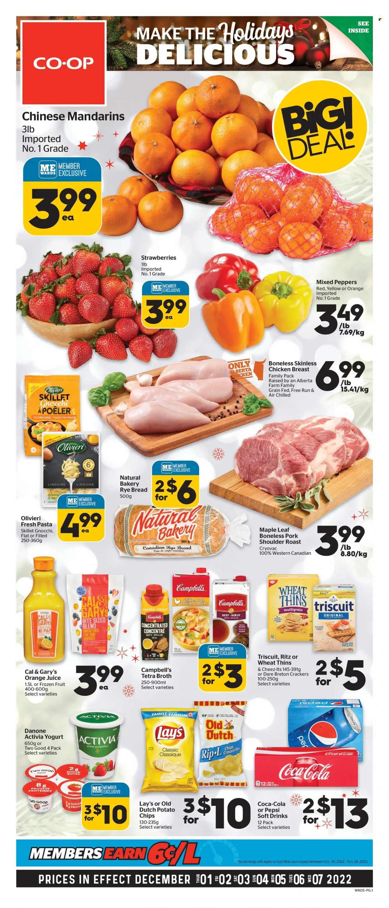thumbnail - Calgary Co-op Flyer - December 01, 2022 - December 07, 2022 - Sales products - bread, peppers, mandarines, strawberries, Campbell's, cheese, yoghurt, Activia, crackers, RITZ, potato chips, Lay’s, Thins, bouillon, chicken broth, broth, Coca-Cola, Pepsi, orange juice, juice, soft drink, smoothie, chicken breasts, chicken, pork meat, pork roast, pork shoulder, probiotics, gnocchi, Danone. Page 1.