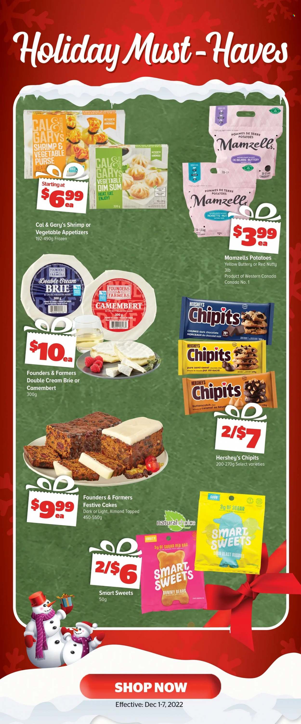 thumbnail - Calgary Co-op Flyer - December 01, 2022 - December 07, 2022 - Sales products - cake, potatoes, shrimps, brie, Hershey's, butterscotch, dark chocolate, sugar, caramel, camembert. Page 3.