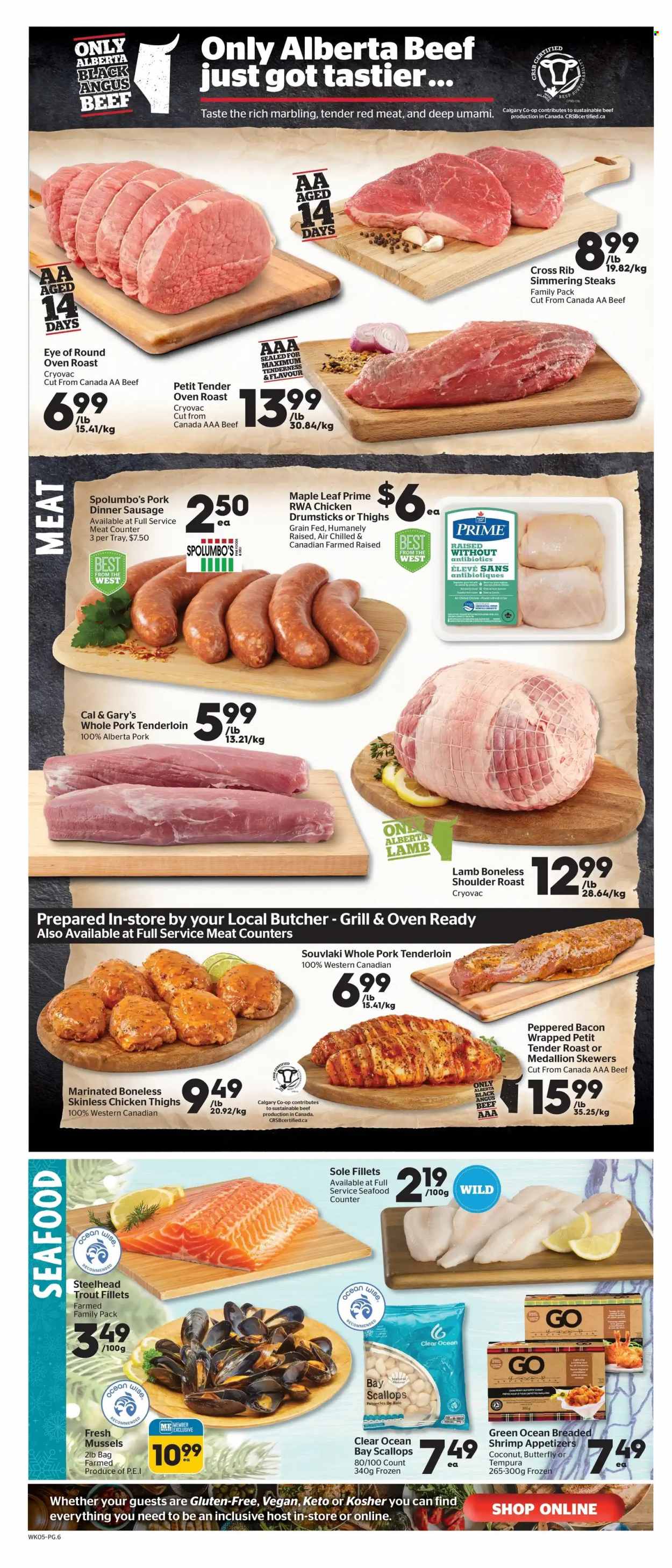 thumbnail - Calgary Co-op Flyer - December 01, 2022 - December 07, 2022 - Sales products - mussels, scallops, trout, seafood, crab, bacon, sausage, chicken thighs, chicken drumsticks, chicken, beef meat, eye of round, pork meat, pork tenderloin, steak. Page 7.