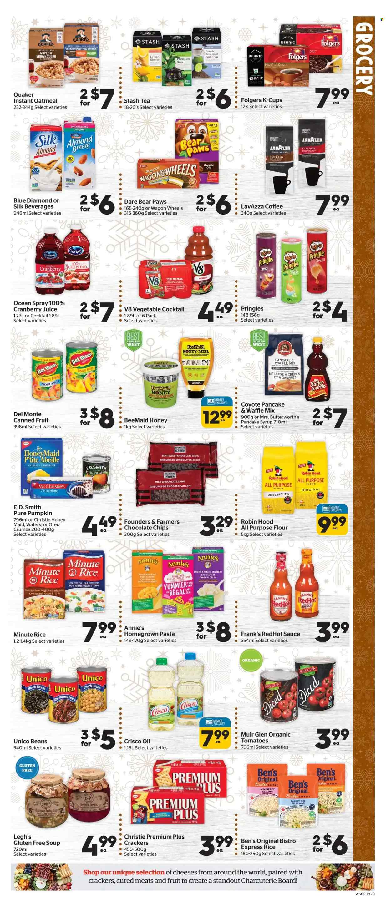 thumbnail - Calgary Co-op Flyer - December 01, 2022 - December 07, 2022 - Sales products - mushrooms, ginger, pumpkin, peas, soup, pasta, sauce, Quaker, Annie's, cheese, buttermilk, milk chocolate, wafers, crackers, Pringles, all purpose flour, Crisco, flour, oatmeal, canned fruit, Del Monte, Honey Maid, basmati rice, brown rice, rice, jasmine rice, long grain rice, Classico, oil, pancake syrup, syrup, Blue Diamond, cranberry juice, juice, tea, coffee, Folgers, ground coffee, coffee capsules, K-Cups, Keurig, Lavazza, Paws, vitamin c, Oreo. Page 12.