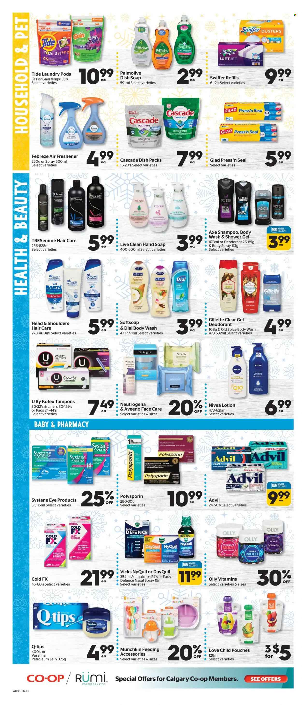thumbnail - Calgary Co-op Flyer - December 01, 2022 - December 07, 2022 - Sales products - butter, spice, spring water, Boost, Aveeno, Nivea, petroleum jelly, Febreze, Gain, Swiffer, Tide, Cascade, body wash, shower gel, Softsoap, hand soap, Palmolive, Vaseline, Dial, soap, Kotex, tampons, Gillette, TRESemmé, body lotion, body spray, anti-perspirant, Axe, Vicks, pain relief, DayQuil, NyQuil, eye drops, Advil Rapid, nasal spray, Neutrogena, shampoo, Systane, Head & Shoulders, Old Spice, deodorant. Page 14.