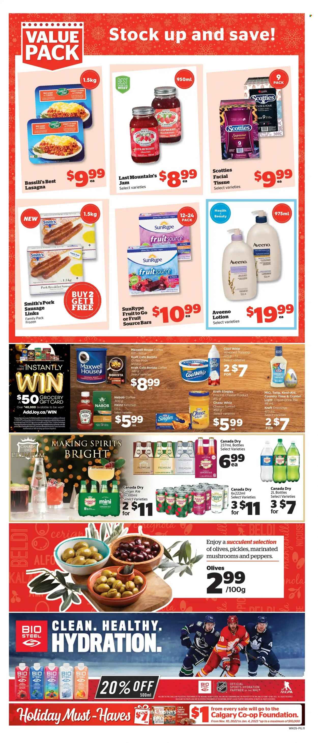 thumbnail - Calgary Co-op Flyer - December 01, 2022 - December 07, 2022 - Sales products - peppers, lasagna meal, Kraft®, sausage, pork sausage, cheese spread, sandwich slices, Kraft Singles, Cool Whip, Ola, Smith's, cane sugar, sugar, topping, fruit jam, Canada Dry, ginger ale, tonic, Country Time, Maxwell House, coffee, coffee pods, beer, Aveeno, tissues, body lotion, Heinz, ketchup, olives, ginger beer. Page 15.