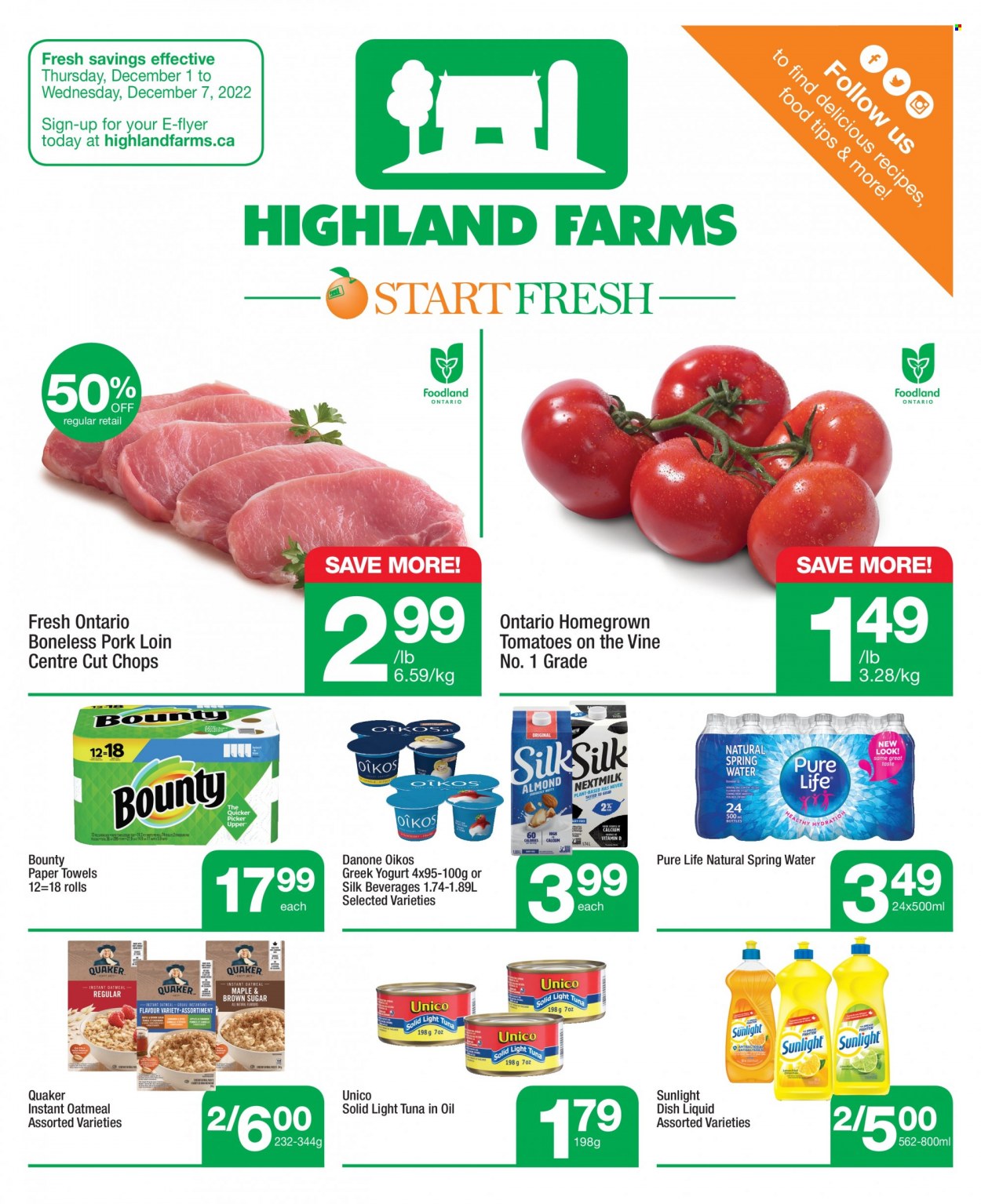 thumbnail - Highland Farms Flyer - December 01, 2022 - December 07, 2022 - Sales products - tomatoes, tuna, Quaker, greek yoghurt, yoghurt, Oikos, Bounty, oatmeal, light tuna, spring water, pork loin, pork meat, Danone. Page 1.