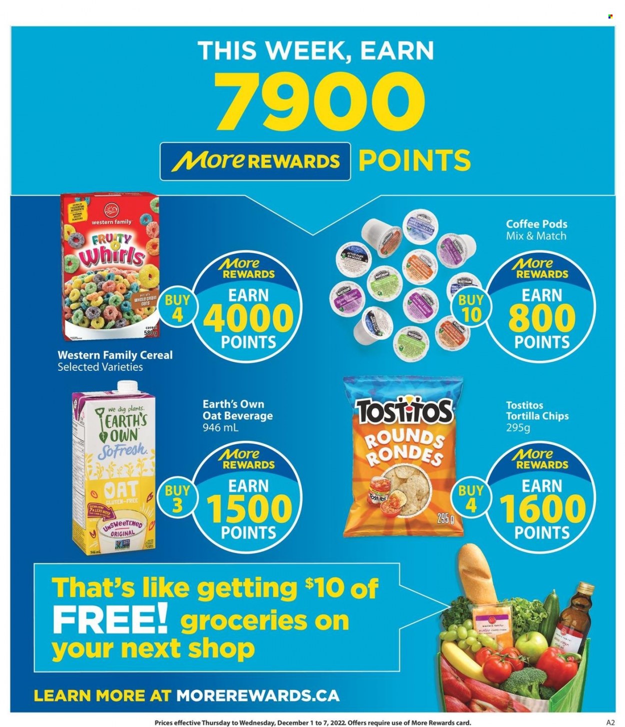 thumbnail - Save-On-Foods Flyer - December 01, 2022 - December 07, 2022 - Sales products - tortilla chips, chips, Tostitos, oats, cereals, coffee, coffee pods. Page 10.