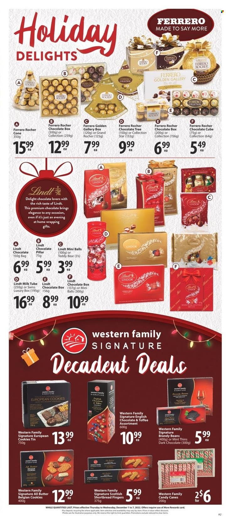 thumbnail - Save-On-Foods Flyer - December 01, 2022 - December 07, 2022 - Sales products - beans, milk, cookies, chocolate, toffee, dark chocolate, Thins, brandy, Lindt, Lindor, Ferrero Rocher. Page 13.