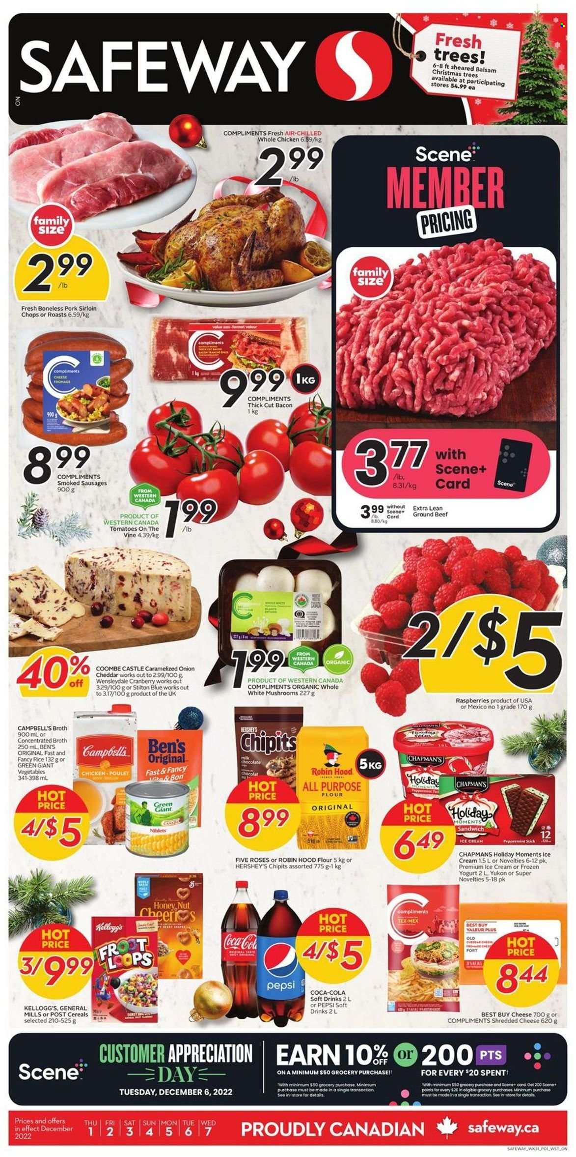 thumbnail - Safeway Flyer - December 01, 2022 - December 07, 2022 - Sales products - mushrooms, tomatoes, onion, Campbell's, sandwich, bacon, sausage, shredded cheese, Stilton, Wensleydale, cheddar, yoghurt, ice cream, Hershey's, milk chocolate, Kellogg's, all purpose flour, flour, broth, cereals, rice, Coca-Cola, Pepsi, soft drink, Castle, whole chicken, chicken, beef meat, ground beef, pork loin, Moments. Page 1.