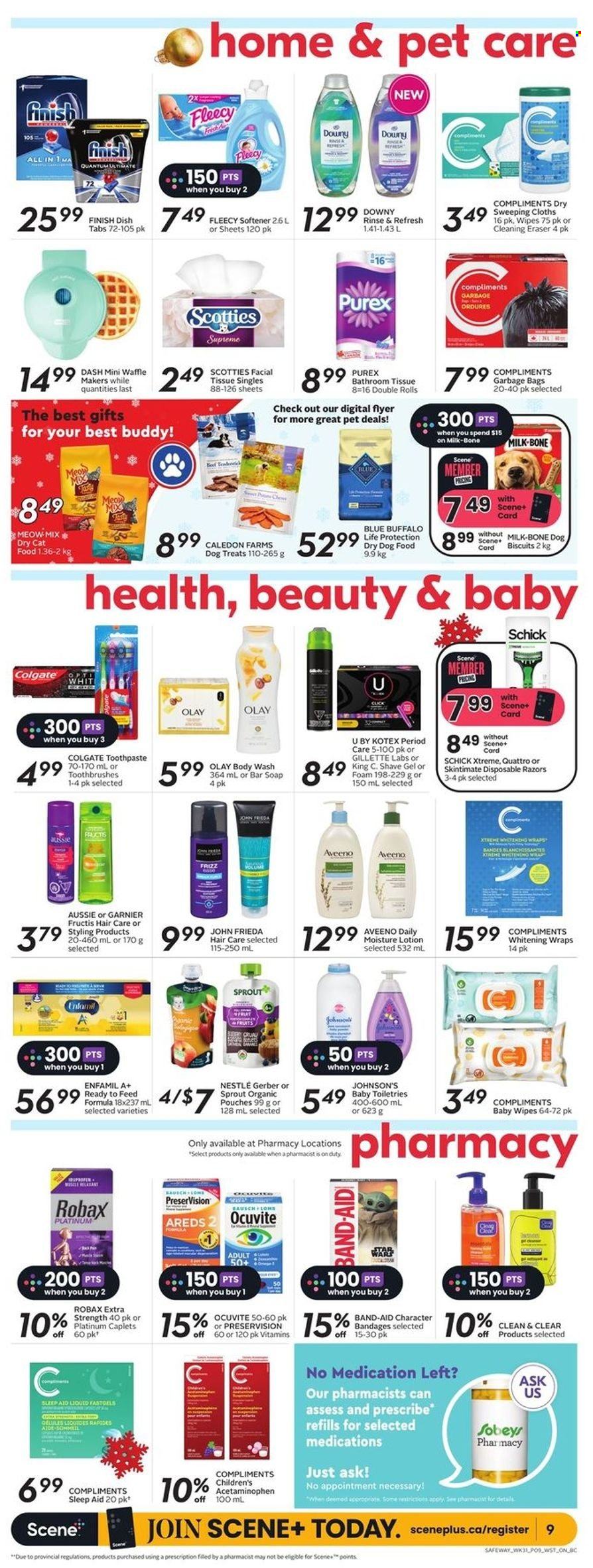 thumbnail - Safeway Flyer - December 01, 2022 - December 07, 2022 - Sales products - wraps, milk, biscuit, Gerber, Enfamil, wipes, baby wipes, Johnson's, Aveeno, bath tissue, fabric softener, Purex, body wash, soap bar, soap, toothpaste, Kotex, Gillette, Olay, Clean & Clear, Aussie, John Frieda, Fructis, body lotion, shave gel, Schick, disposable razor, animal food, Blue Buffalo, cat food, dog food, dry dog food, dry cat food, band-aid, Colgate, Garnier, Nestlé, Ocuvite. Page 11.