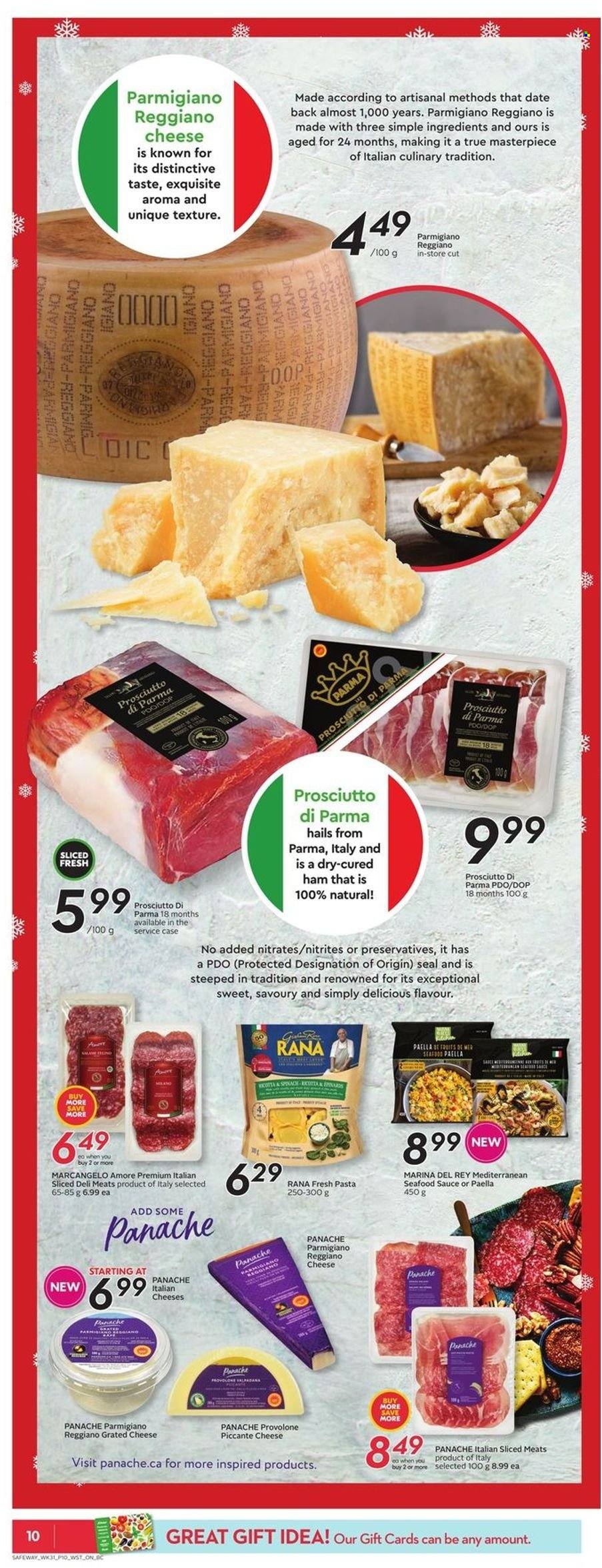 thumbnail - Safeway Flyer - December 01, 2022 - December 07, 2022 - Sales products - seafood, Rana, ham, prosciutto, cheese, grated cheese, Parmigiano Reggiano, Provolone, paella. Page 12.