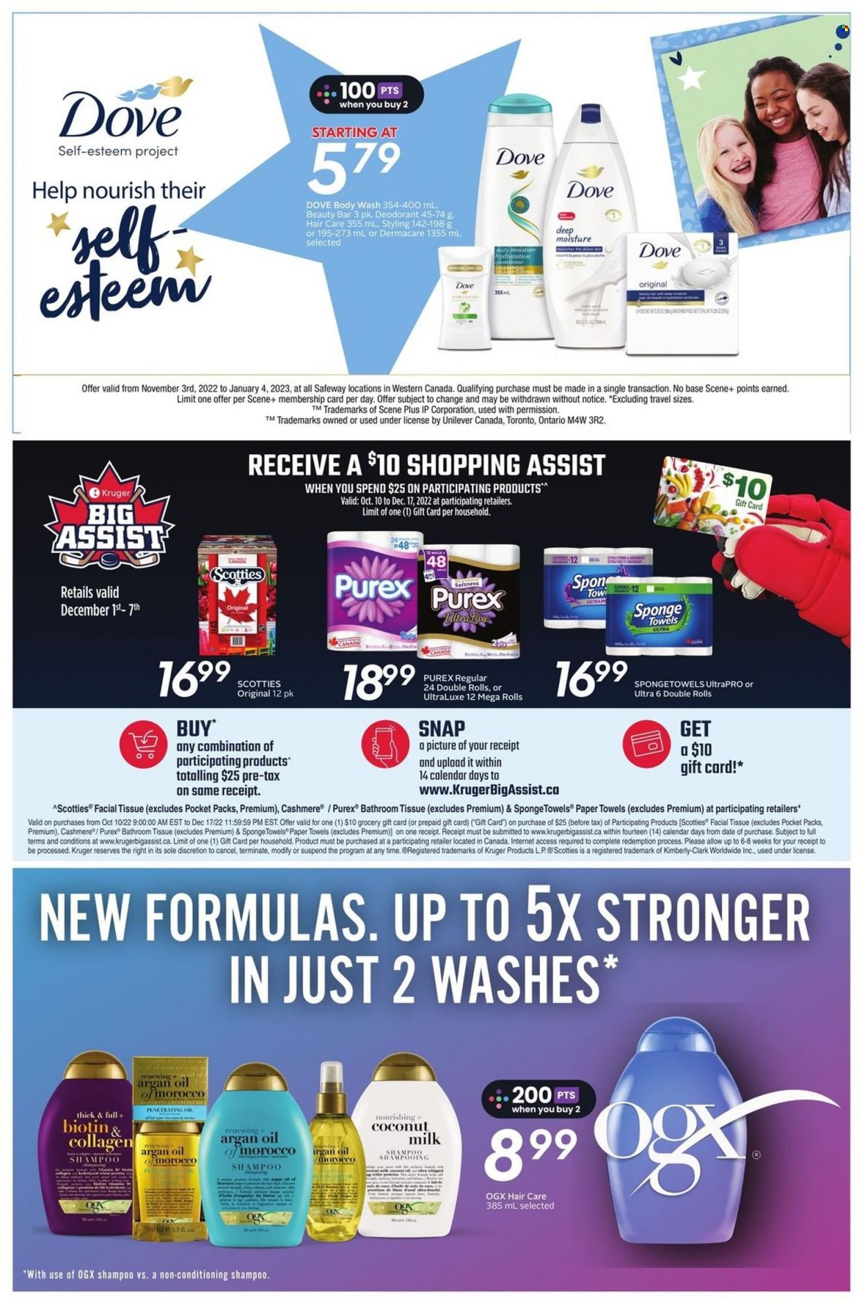 thumbnail - Safeway Flyer - December 01, 2022 - December 07, 2022 - Sales products - Dove, coconut milk, bath tissue, kitchen towels, paper towels, Purex, body wash, OGX, anti-perspirant, Biotin, argan oil, shampoo, deodorant. Page 14.