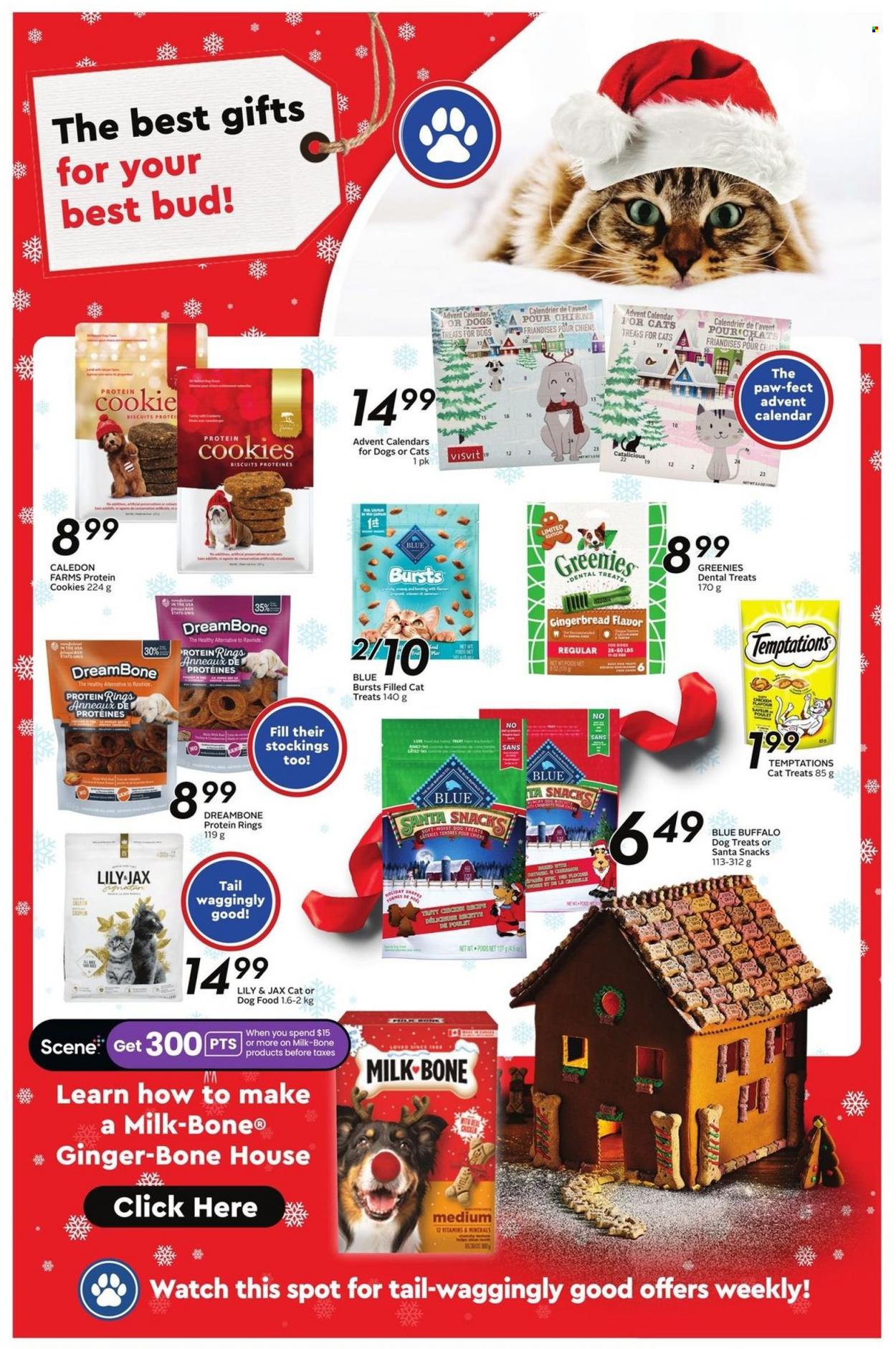 thumbnail - Safeway Flyer - December 01, 2022 - December 07, 2022 - Sales products - gingerbread, ginger, advent calendar, milk, cookies, snack, biscuit, Santa, protein cookie, animal food, Blue Buffalo, dental treats, dog food, Greenies. Page 18.