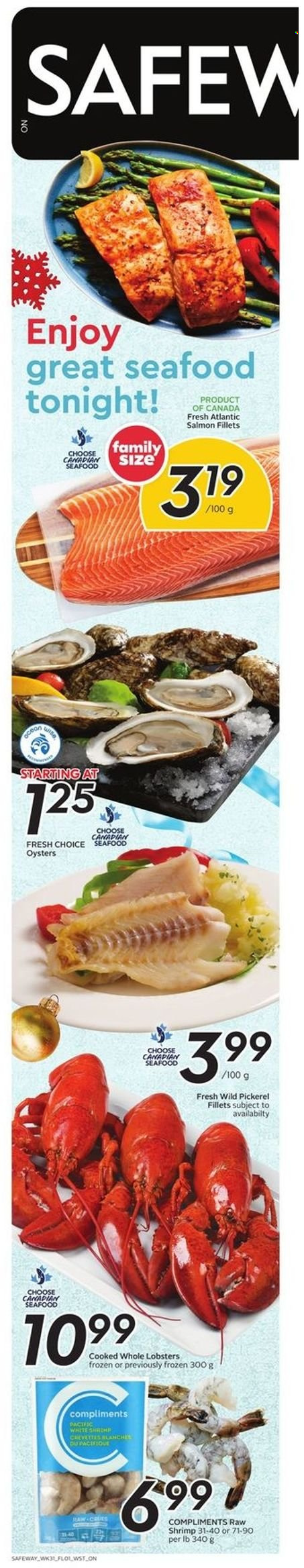 thumbnail - Safeway Flyer - December 01, 2022 - December 07, 2022 - Sales products - lobster, salmon, salmon fillet, oysters, seafood, shrimps, walleye. Page 20.
