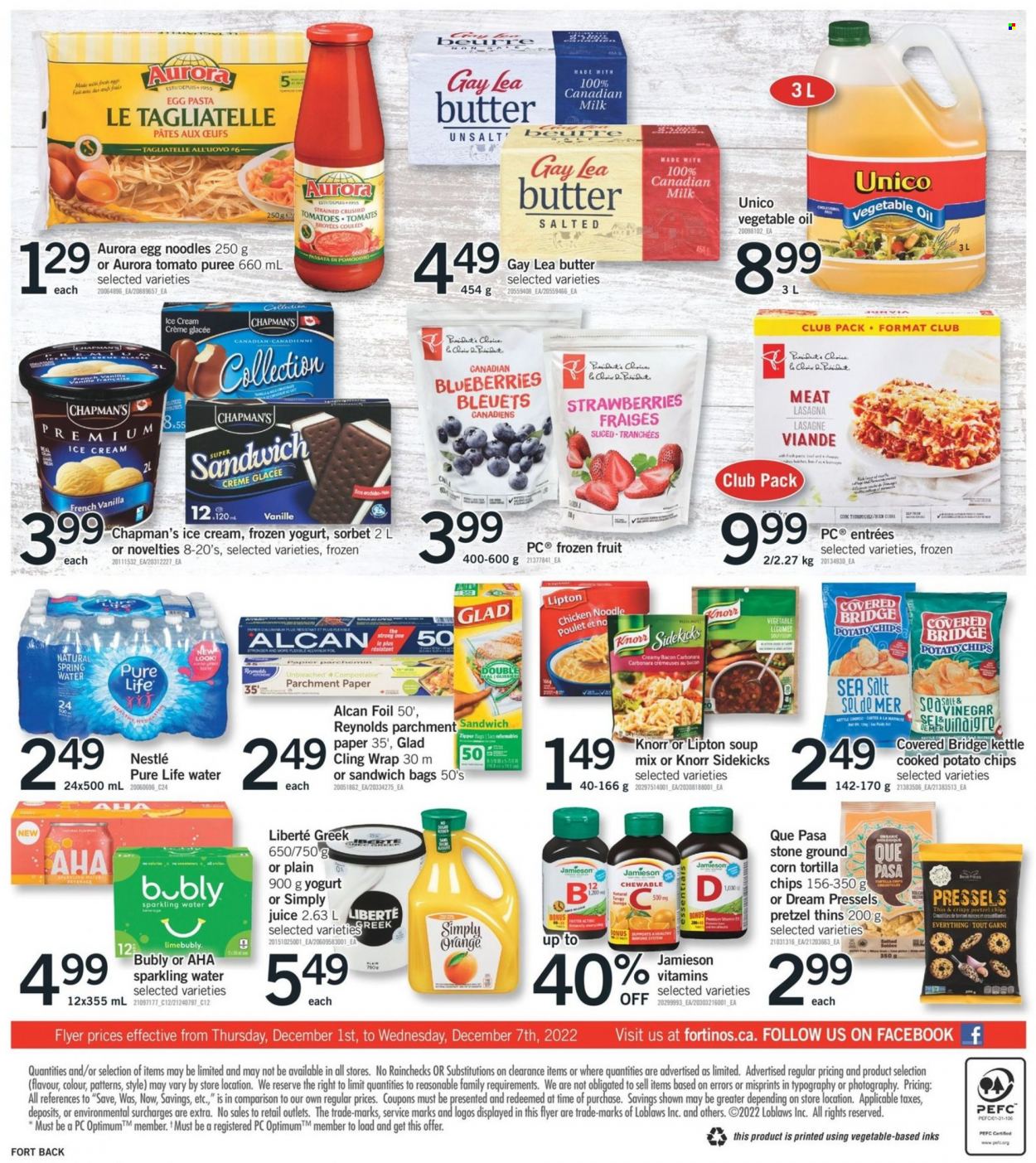 thumbnail - Fortinos Flyer - December 01, 2022 - December 07, 2022 - Sales products - pretzels, tomatoes, blueberries, strawberries, soup mix, soup, pasta, noodles, lasagna meal, bacon, Président, yoghurt, milk, butter, ice cream, tortilla chips, potato chips, Thins, crushed tomatoes, tomato sauce, tomato puree, egg noodles, vegetable oil, oil, juice, spring water, sparkling water, Pure Life Water, paper, Nestlé, Lipton, Knorr. Page 2.