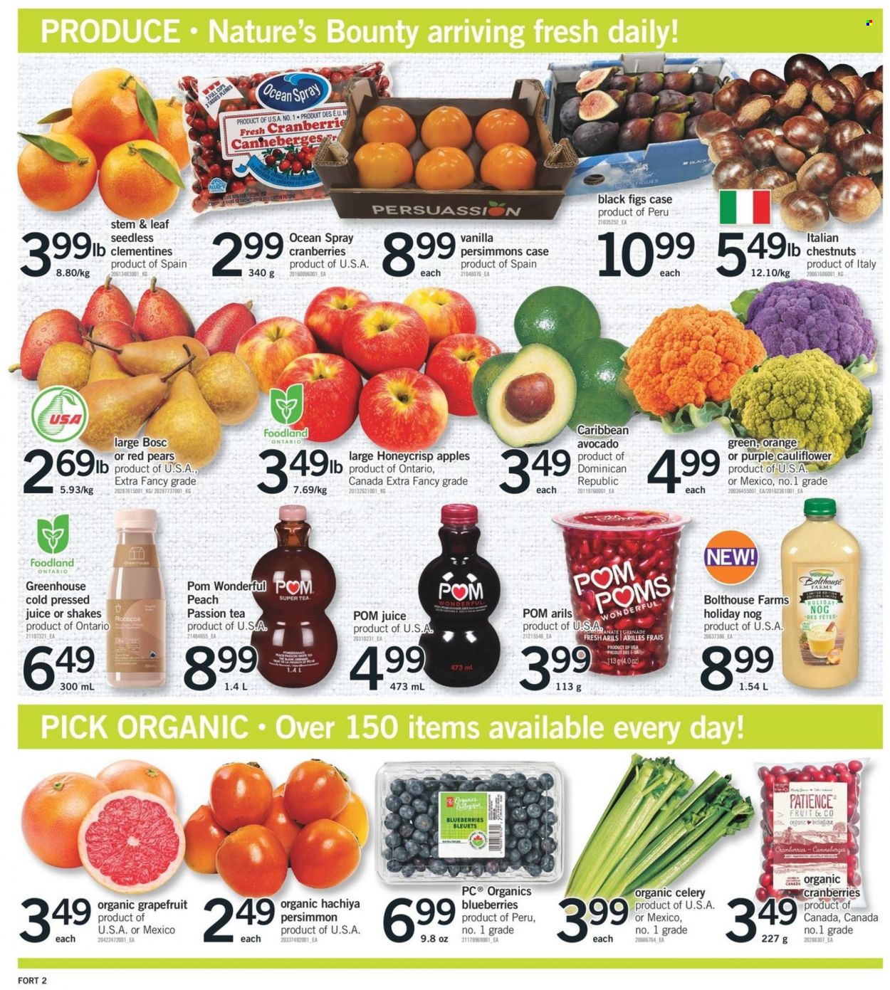 thumbnail - Fortinos Flyer - December 01, 2022 - December 07, 2022 - Sales products - cauliflower, celery, apples, avocado, blueberries, clementines, figs, grapefruits, pears, persimmons, oranges, pomegranate, shake, cranberries, chestnuts, juice, tea, Pom Poms, greenhouse, Nature's Bounty. Page 3.