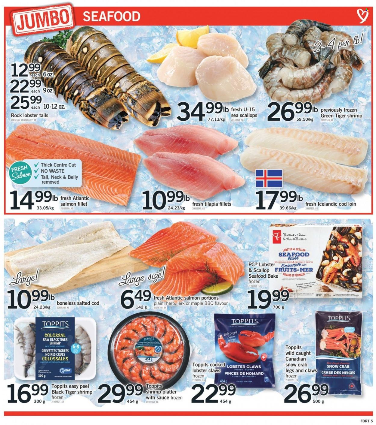 thumbnail - Fortinos Flyer - December 01, 2022 - December 07, 2022 - Sales products - cod, lobster, salmon, salmon fillet, scallops, tilapia, seafood, crab, lobster tail, shrimps, Président, herbs, casserole, savage. Page 5.