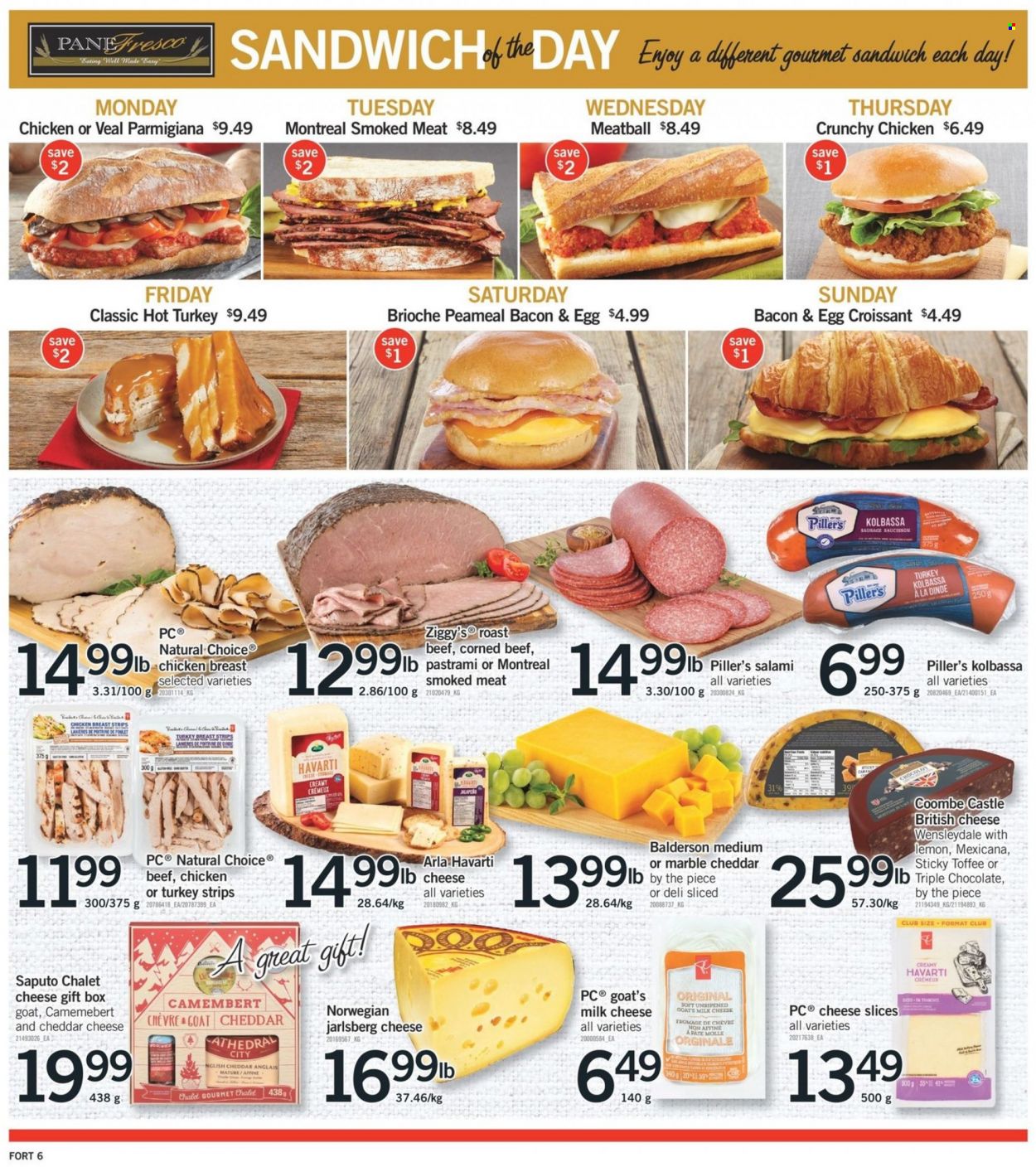 thumbnail - Fortinos Flyer - December 01, 2022 - December 07, 2022 - Sales products - croissant, brioche, sandwich, bacon, salami, pastrami, sausage, corned beef, sliced cheese, Wensleydale, Havarti, cheddar, cheese, Arla, milk, eggs, strips, parmigiana, chocolate, toffee, Castle, turkey breast, chicken, turkey, beef meat, roast beef, gift box, camembert. Page 6.