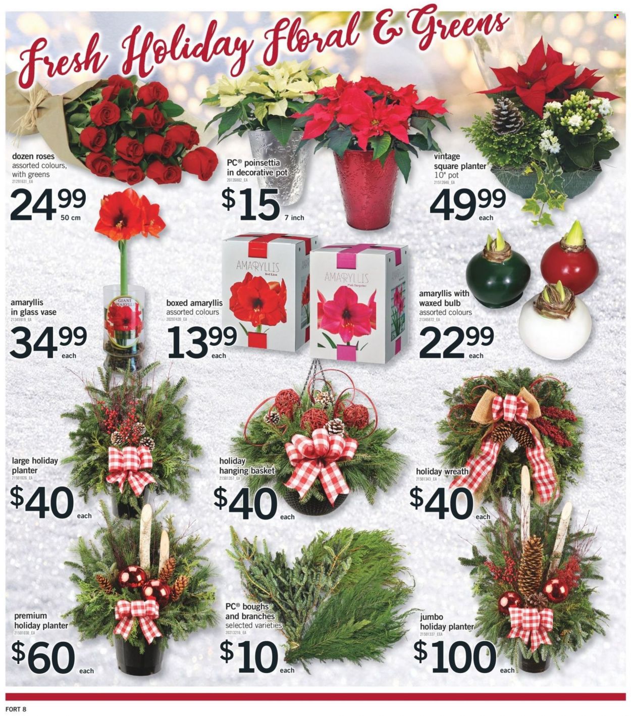 thumbnail - Fortinos Flyer - December 01, 2022 - December 07, 2022 - Sales products - basket, pot, bulb, wreath, vase, poinsettia, rose. Page 8.