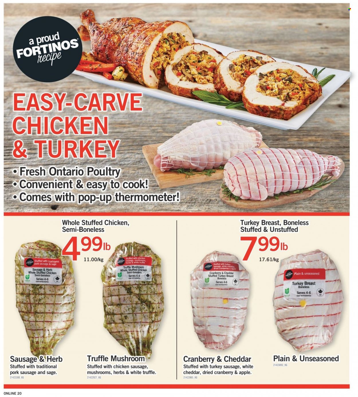 thumbnail - Fortinos Flyer - December 01, 2022 - December 07, 2022 - Sales products - stuffed chicken, sausage, pork sausage, chicken sausage, cheese, truffles, cranberries, dried fruit, turkey breast, turkey, thermometer. Page 18.