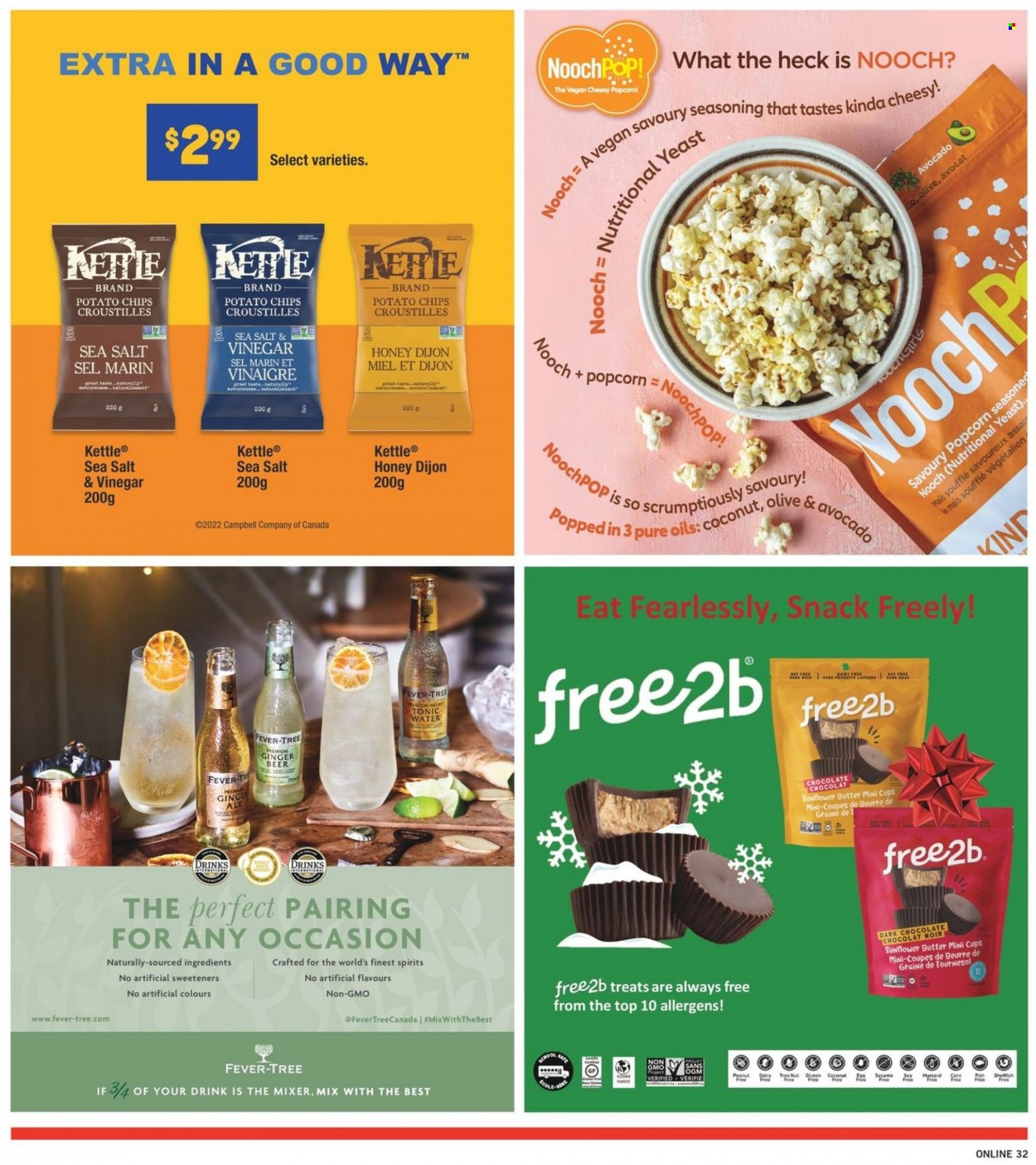 thumbnail - Fortinos Flyer - December 01, 2022 - December 07, 2022 - Sales products - corn, coconut, fish, chocolate, snack, dark chocolate, potato chips, chips, popcorn, spice, mustard, honey, tonic, beer, cup, mixer, ginger beer. Page 28.