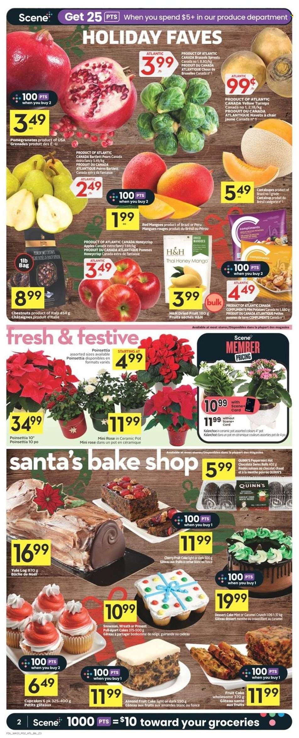 thumbnail - Co-op Flyer - December 01, 2022 - December 07, 2022 - Sales products - cake, cupcake, cantaloupe, potatoes, brussel sprouts, apples, Bartlett pears, mango, cherries, pears, pomegranate, Santa, chestnuts, dried fruit, hot chocolate, wine, rosé wine, pot, poinsettia, rose, turnips. Page 2.