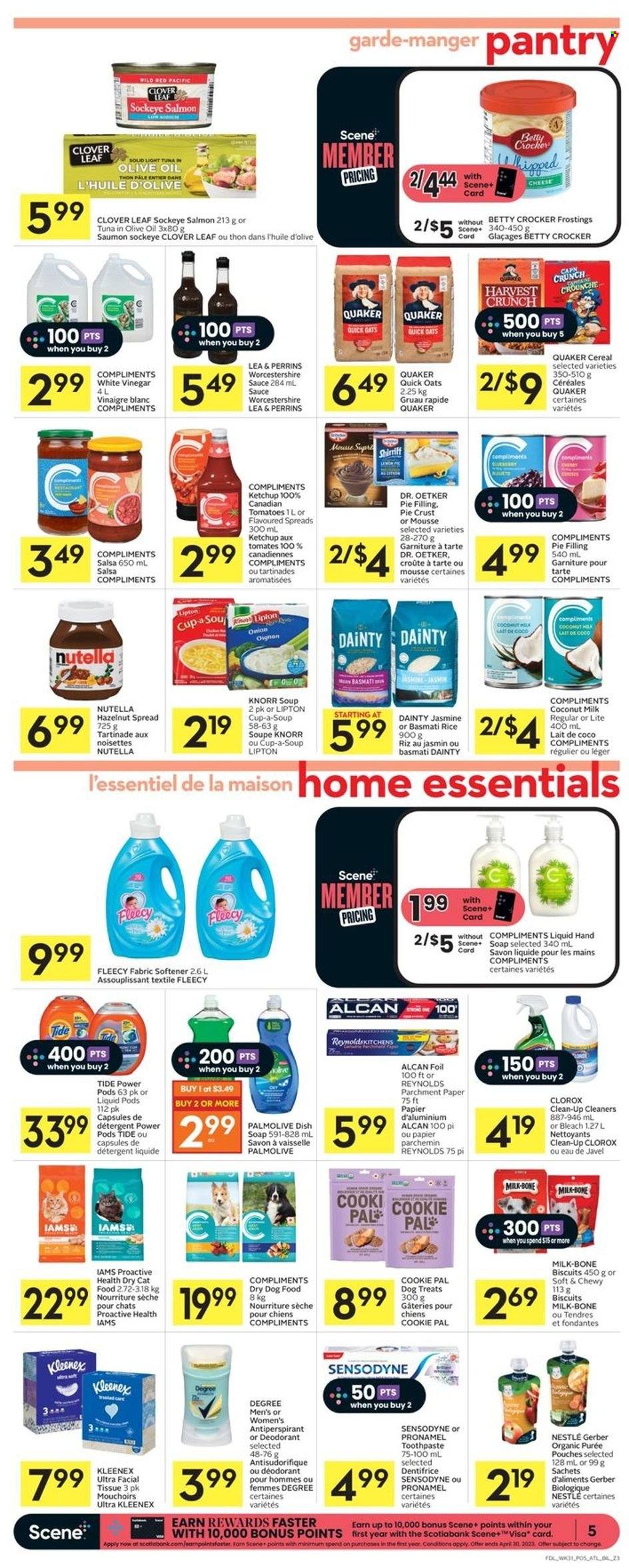 thumbnail - Co-op Flyer - December 01, 2022 - December 07, 2022 - Sales products - tomatoes, soup, sauce, Quaker, cheese, Dr. Oetker, Clover, biscuit, Gerber, pie crust, pie filling, oats, coconut milk, light tuna, cereals, Quick Oats, basmati rice, rice, worcestershire sauce, salsa, vinegar, hazelnut spread, Cerés, baby food pouch, Kleenex, tissues, bleach, Clorox, Tide, fabric softener, Palmolive, soap, toothpaste, anti-perspirant, animal food, dry dog food, cat food, dog food, dry cat food, Iams, detergent, Nestlé, ketchup, Nutella, Sensodyne, Lipton, Knorr, deodorant. Page 5.