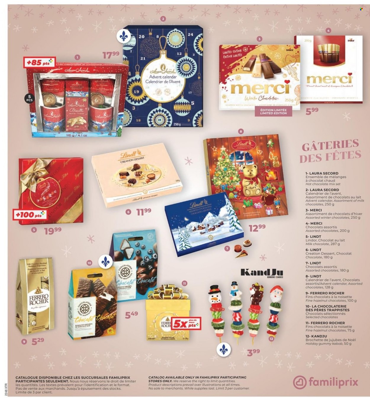 thumbnail - Familiprix Extra Flyer - December 01, 2022 - December 07, 2022 - Sales products - biscotti, milk chocolate, Merci, advent calendar, hot chocolate, Lindt, Lindor, Ferrero Rocher. Page 19.