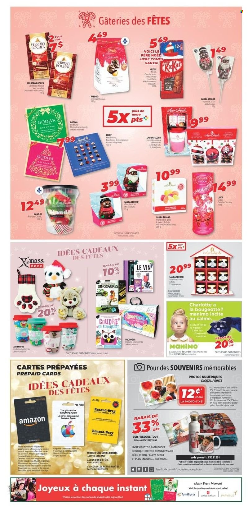 thumbnail - Familiprix Extra Flyer - December 01, 2022 - December 07, 2022 - Sales products - chocolate, Godiva, Santa, caramel, Nestlé, pralines, Lindt, Lindor, Ferrero Rocher. Page 24.