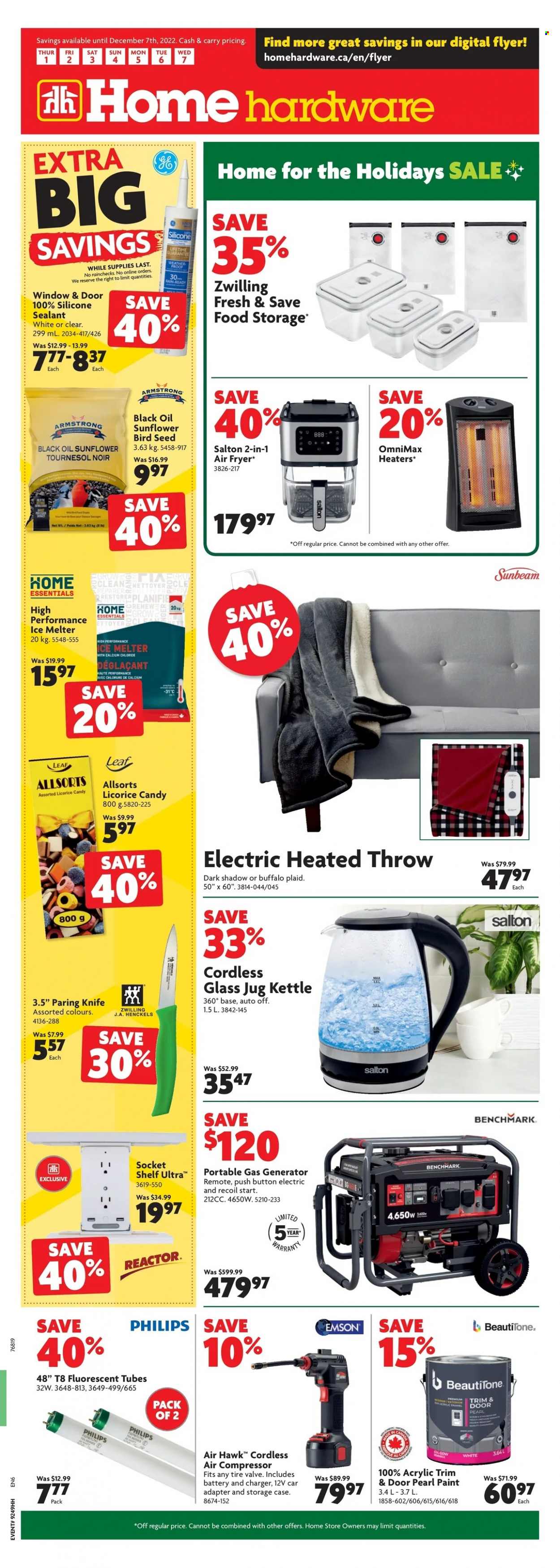 thumbnail - Home Hardware Flyer - December 01, 2022 - December 07, 2022 - Sales products - Philips, Sunbeam, air fryer, kettle, heated throw, shelves, silicone sealants, paint, socket, air compressor, knife, gas generator, generator, plant seeds, ice melter. Page 1.