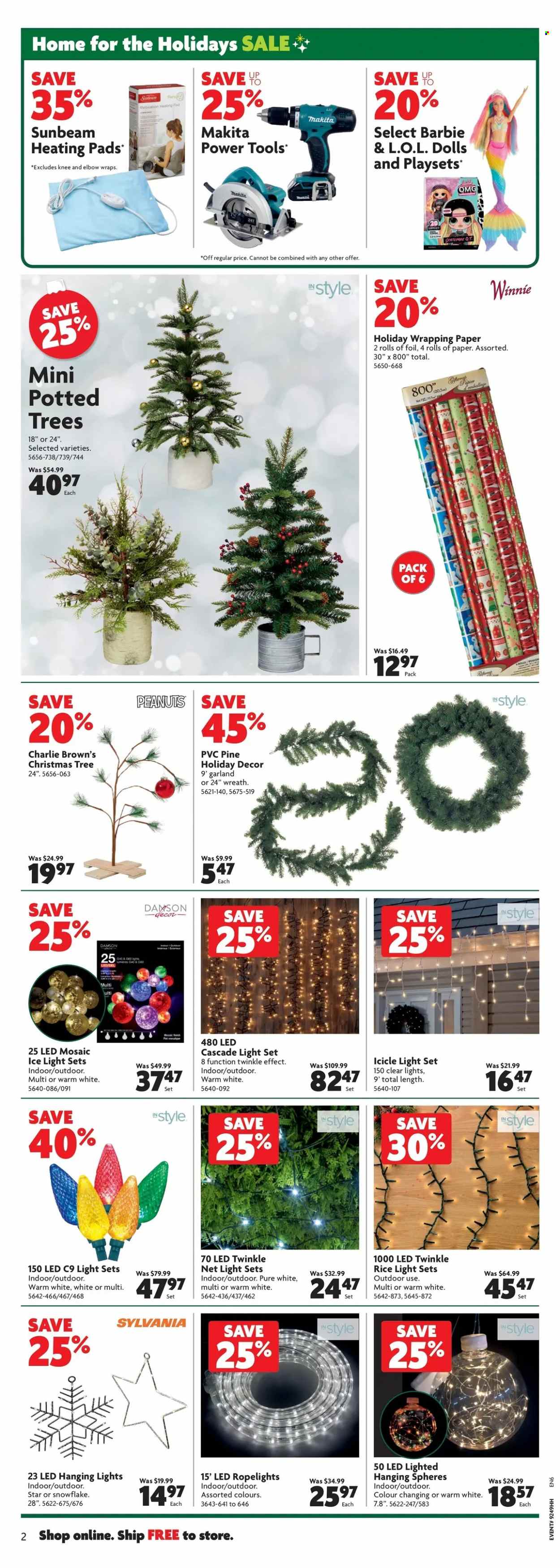thumbnail - Home Hardware Flyer - December 01, 2022 - December 07, 2022 - Sales products - Sunbeam, heating pad, wreath, christmas tree, icicle light, garland, light set, power tools, Makita. Page 3.