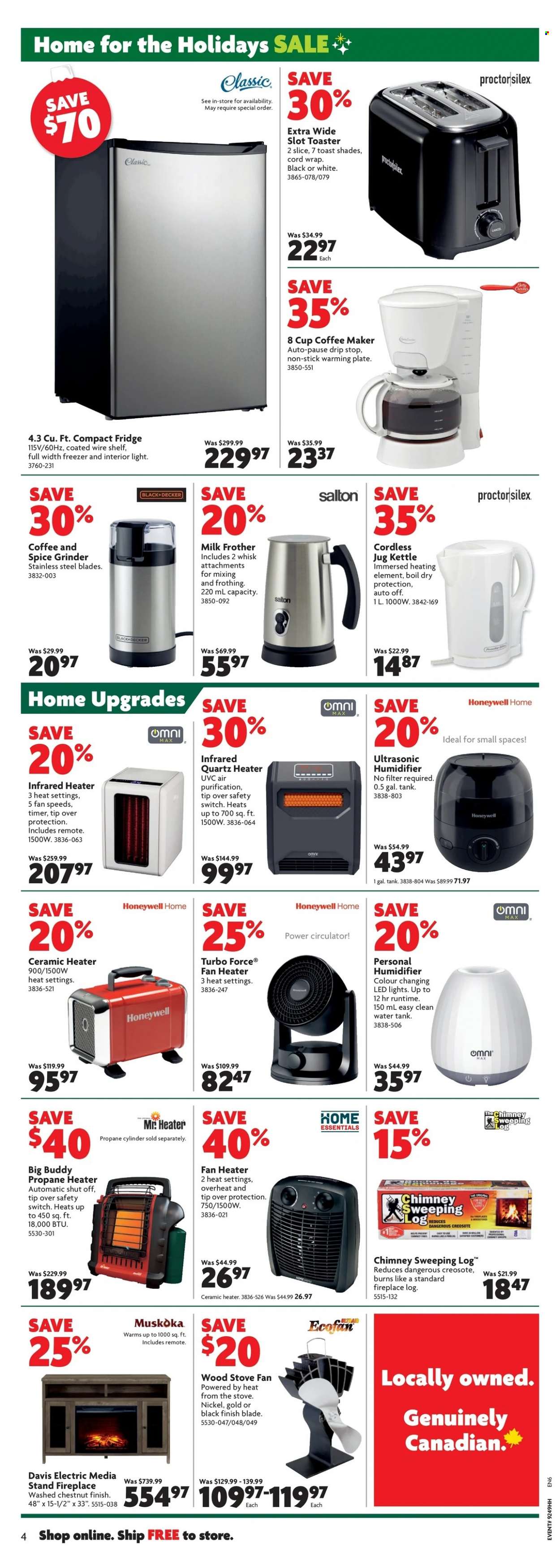 thumbnail - Home Hardware Flyer - December 01, 2022 - December 07, 2022 - Sales products - coffee machine, Black & Decker, kettle, spice grinder, milk frother, Honeywell, humidifier, LED light, heater, fan heater, fireplace, stove, tank, toaster. Page 5.