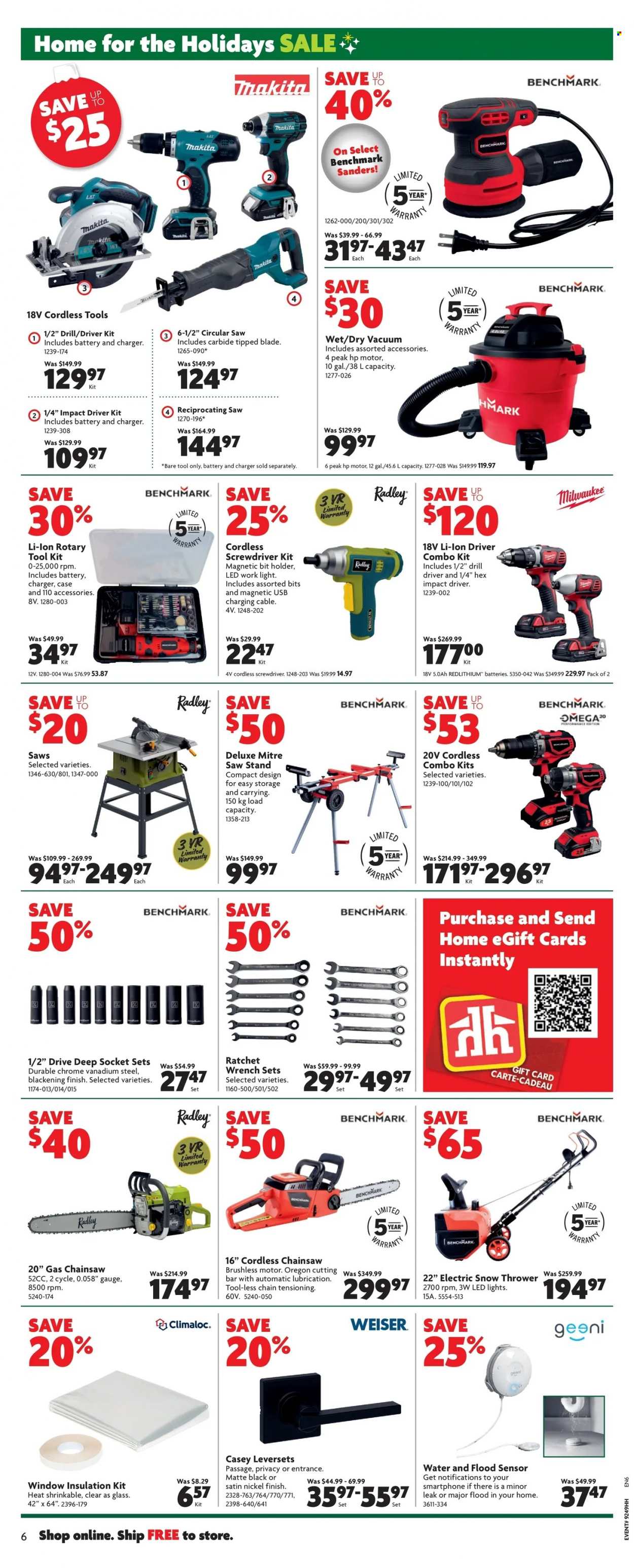 thumbnail - Home Hardware Flyer - December 01, 2022 - December 07, 2022 - Sales products - vacuum cleaner, Milwaukee, drill, screwdriver, impact driver, Makita, chain saw, circular saw, saw, reciprocating saw, combo kit, tool set, saw stand. Page 11.