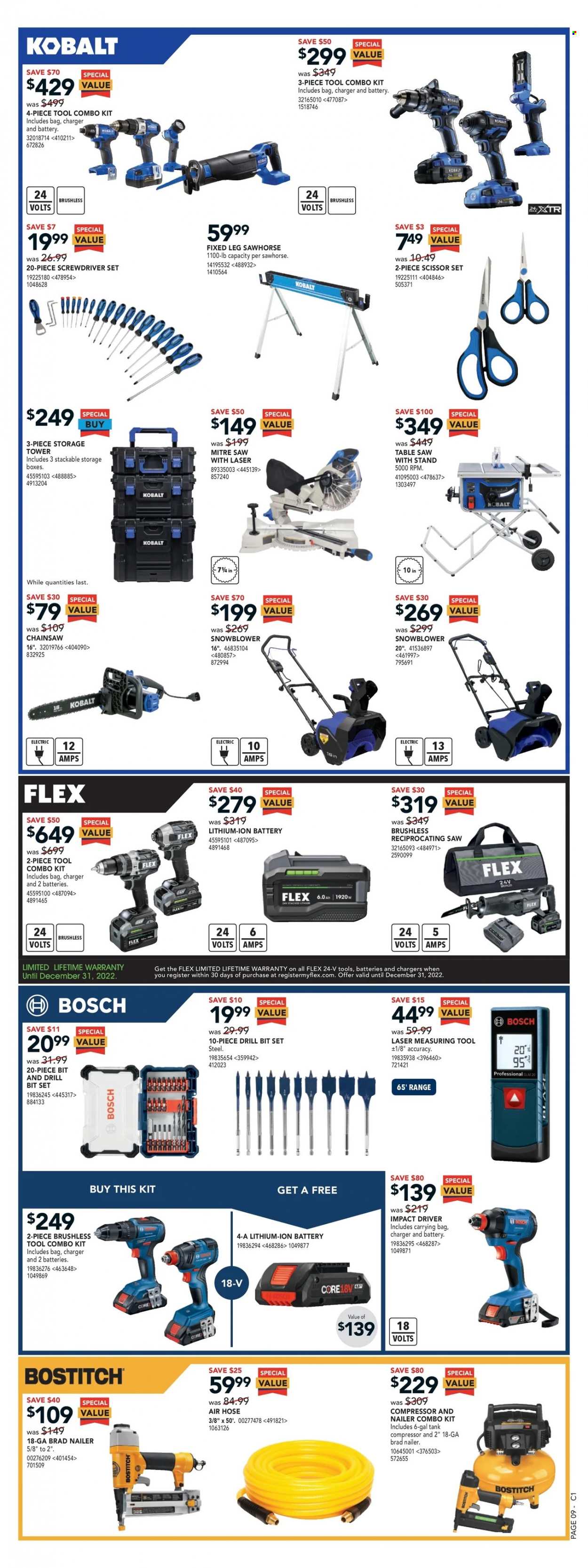 thumbnail - RONA Flyer - December 01, 2022 - December 07, 2022 - Sales products - scissors, Bosch, table, tank, screwdriver, impact driver, drill bit set, chain saw, saw, reciprocating saw, table saw, snow blower, combo kit, screwdriver set, air compressor, nailer, air hose. Page 9.