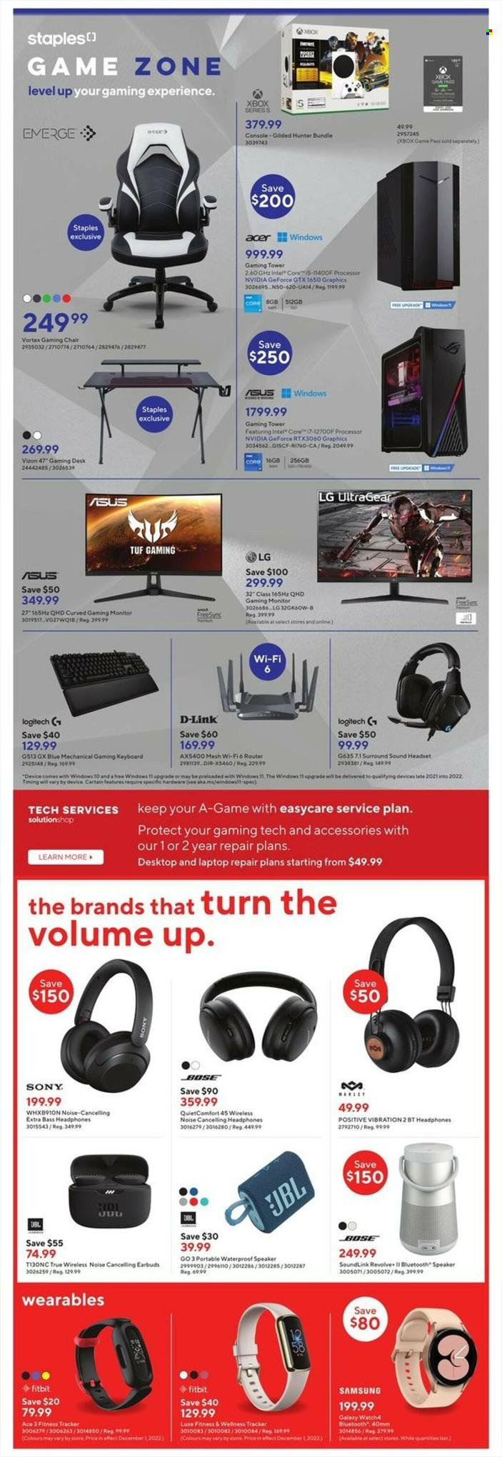 thumbnail - Staples Flyer - November 30, 2022 - December 06, 2022 - Sales products - gaming keyboard, Sony, chair, gaming desk, Intel, keyboard, Samsung, Fitbit, fitness tracker, GeForce, Logitech, router, BOSE, speaker, bluetooth speaker, headset, headphones, earbuds, desk, Acer, Asus, LG, monitor, JBL, Xbox. Page 8.