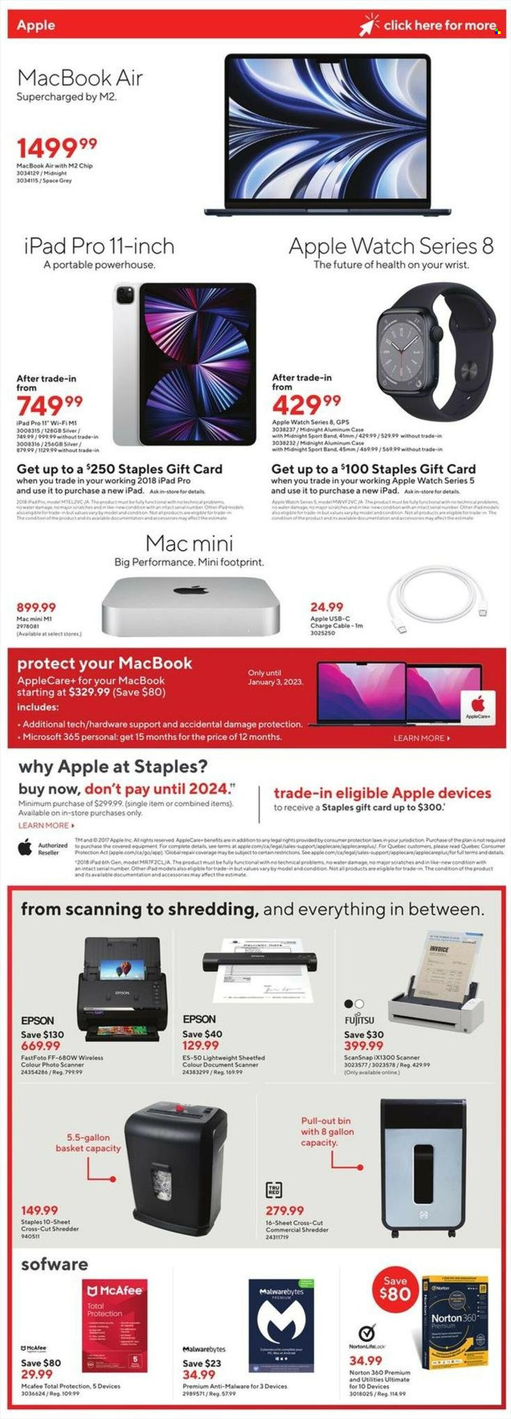 thumbnail - Staples Flyer - November 30, 2022 - December 06, 2022 - Sales products - Norton, Apple, iPad, iPad Pro, basket, bin, gallon, Apple Watch 5, MacBook, Mac mini, MacBook Air, Epson, scanner, shredder, Apple Watch. Page 10.
