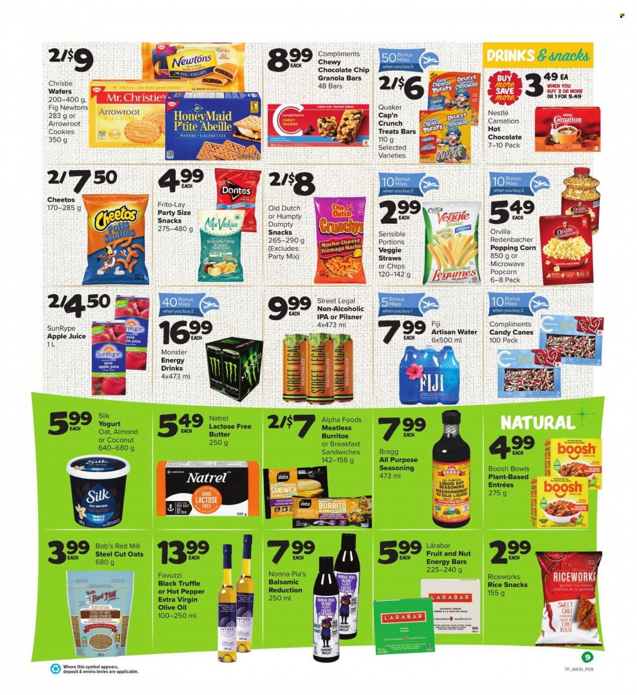 thumbnail - Thrifty Foods Flyer - December 01, 2022 - December 07, 2022 - Sales products - corn, burrito, Quaker, sausage, cheese, yoghurt, Silk, Ola, cookies, wafers, biscuit, Doritos, Cheetos, chips, popcorn, Frito-Lay, veggie straws, oats, granola bar, energy bar, Cap'n Crunch, rice, spice, balsamic glaze, extra virgin olive oil, olive oil, oil, apple juice, juice, energy drink, Monster, Monster Energy, hot chocolate, Cabernet Sauvignon, wine, Merlot, IPA, Nestlé. Page 9.