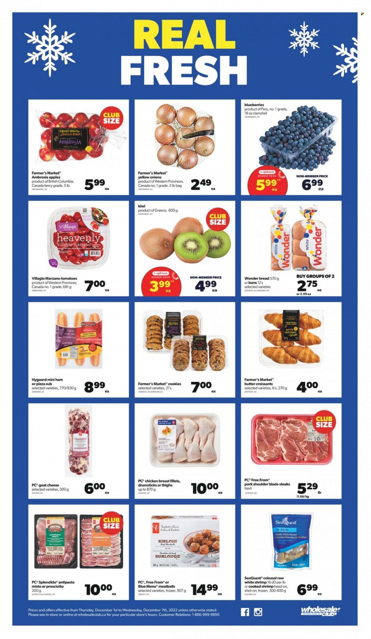 thumbnail - Wholesale Club Flyer - December 01, 2022 - December 07, 2022 - Sales products - bread, croissant, buns, onion, apples, blueberries, shrimps, pizza, meatballs, sandwich, ham, cookies, chicken breasts, chicken, pork meat, pork shoulder, kiwi, steak. Page 2.