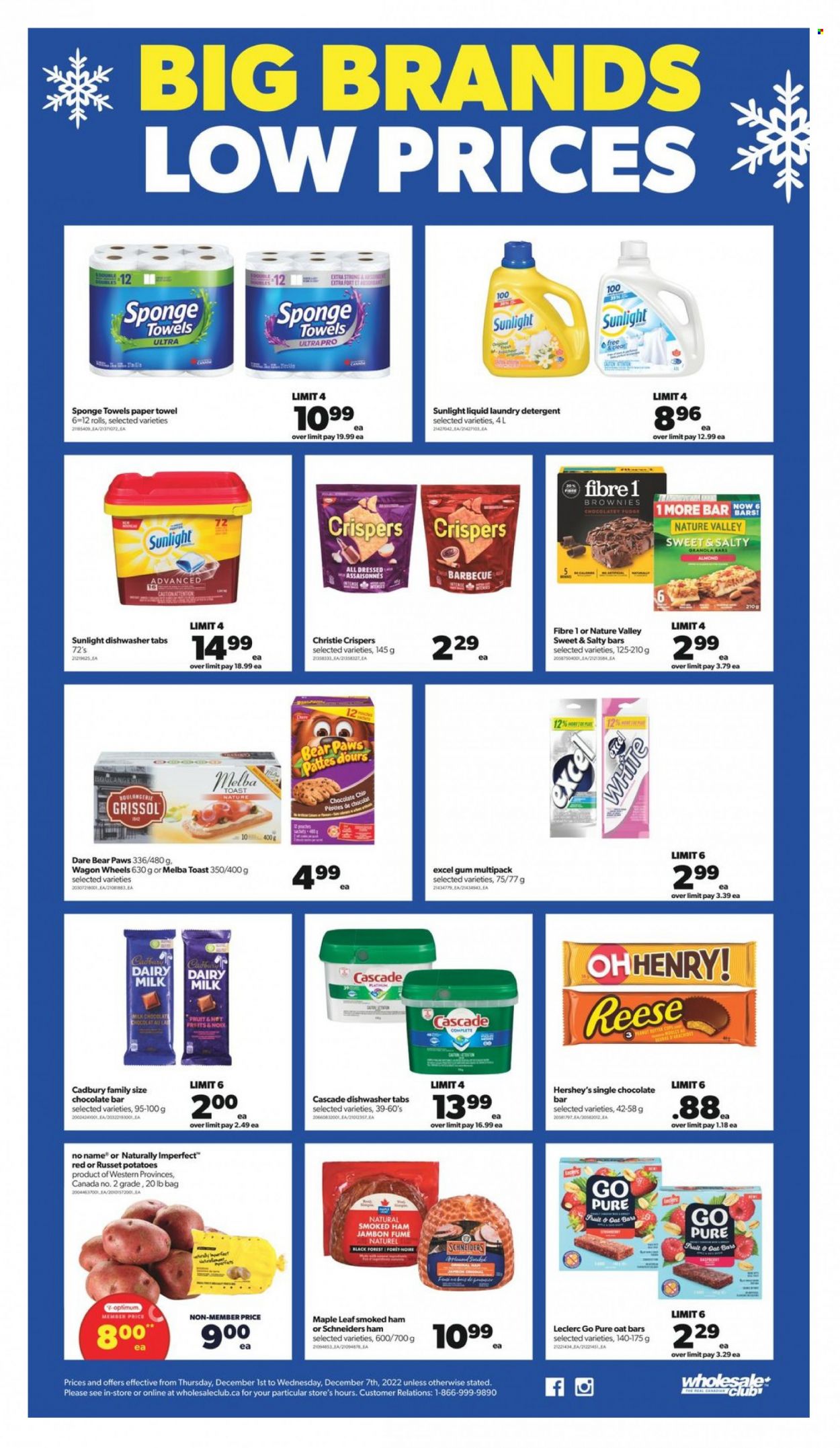 thumbnail - Wholesale Club Flyer - December 01, 2022 - December 07, 2022 - Sales products - brownies, russet potatoes, potatoes, No Name, ham, smoked ham, butter, Hershey's, fudge, milk chocolate, chocolate chips, Cadbury, Dairy Milk, chocolate bar, granola bar, Nature Valley, paper towels, laundry detergent, Sunlight, Cascade, sponge, detergent. Page 3.