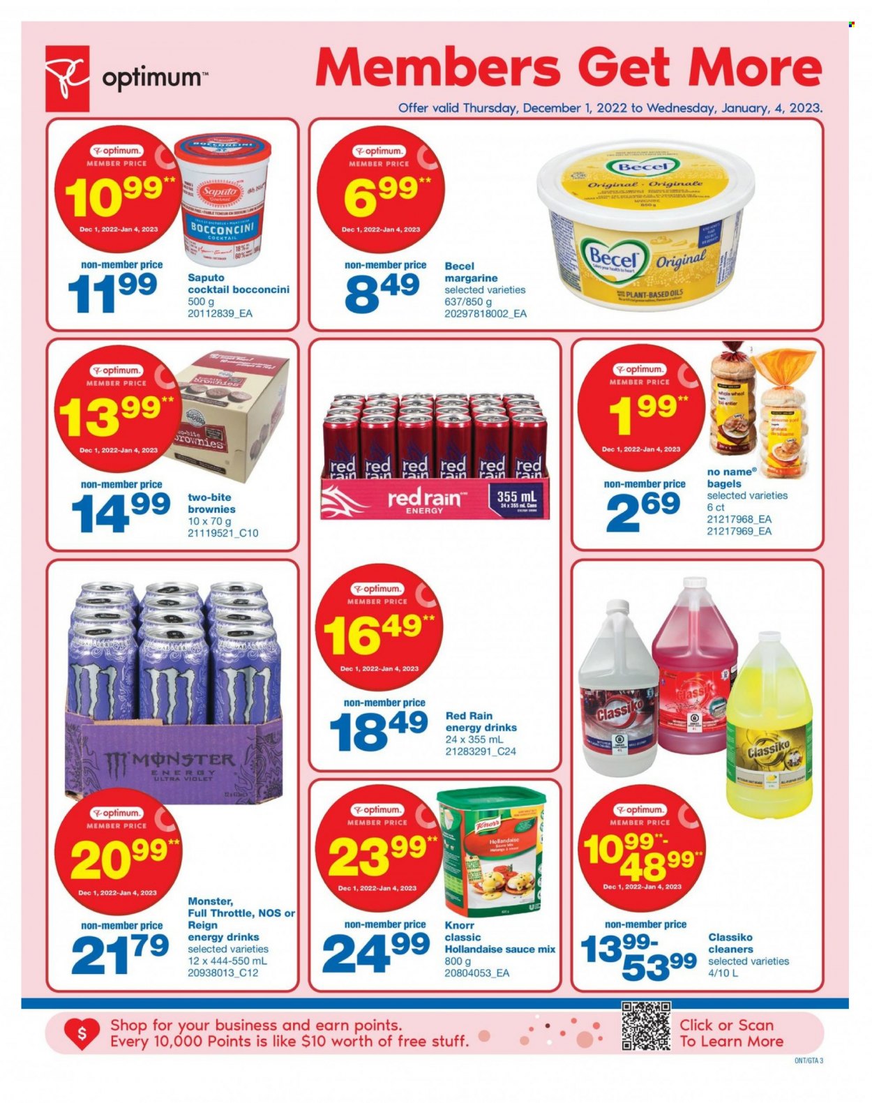 thumbnail - Wholesale Club Flyer - December 01, 2022 - January 04, 2023 - Sales products - bagels, brownies, No Name, sauce, bocconcini, Münster cheese, margarine, energy drink, Monster, Ron Pelicano, Knorr. Page 3.