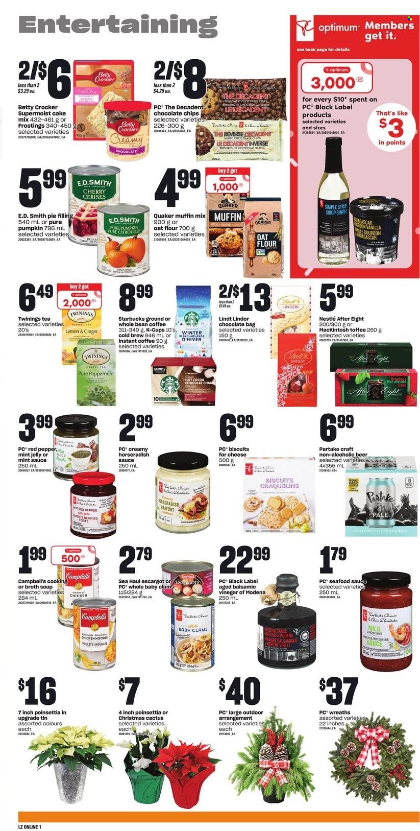 thumbnail - Zehrs Flyer - December 01, 2022 - December 07, 2022 - Sales products - cake mix, muffin mix, horseradish, pumpkin, cherries, clams, seafood, Campbell's, soup, Quaker, noodles, cheese, toffee, jelly, biscuit, After Eight, flour, pie filling, oats, broth, mint jelly, balsamic vinegar, syrup, hot cocoa, tea, Twinings, coffee, instant coffee, coffee capsules, Starbucks, K-Cups, bourbon, beer, pin, Optimum, poinsettia, cactus, Nestlé, Chanel, Lindt, Lindor. Page 5.
