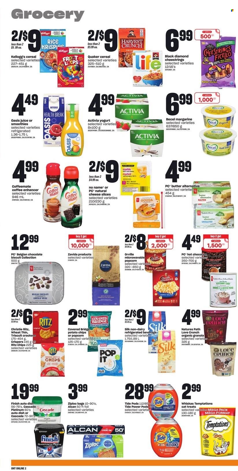 thumbnail - Zehrs Flyer - December 01, 2022 - December 07, 2022 - Sales products - No Name, Quaker, gouda, sliced cheese, string cheese, cheese, yoghurt, Activia, Coffee-Mate, Silk, margarine, crackers, Kellogg's, biscuit, RITZ, potato chips, chips, popcorn, cereals, rice, juice, hot chocolate, Tide, Cascade, bag, Ziploc, Optimum, granola, Whiskas. Page 6.