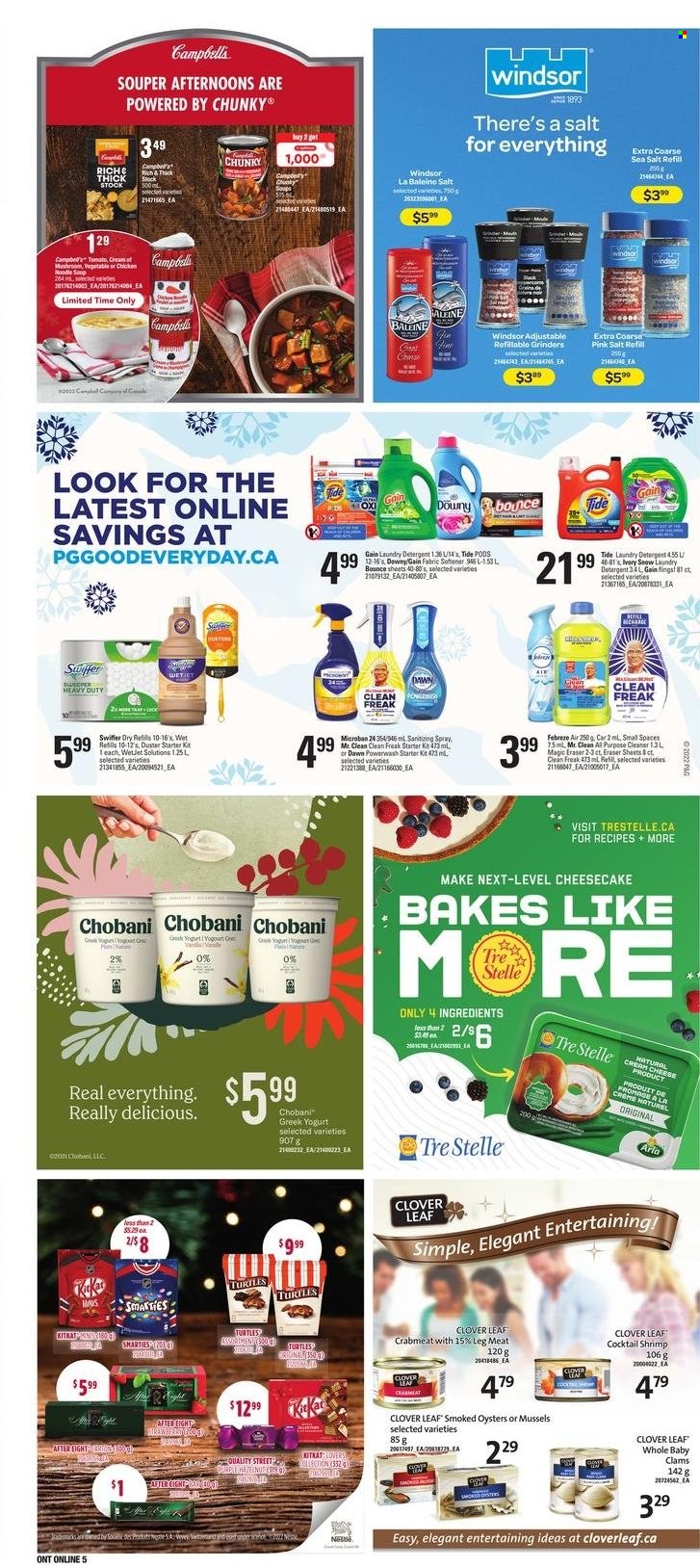 thumbnail - Zehrs Flyer - December 01, 2022 - December 07, 2022 - Sales products - cheesecake, clams, crab meat, mussels, smoked oysters, oysters, shrimps, Campbell's, soup, noodles cup, noodles, cream cheese, cheese, Arla, greek yoghurt, yoghurt, Clover, Chobani, After Eight, sea salt, Febreze, Gain, cleaner, all purpose cleaner, Swiffer, Tide, fabric softener, laundry detergent, Bounce, duster, WetJet, eraser, paper, turtles, Bosch, grinder, detergent, Smarties. Page 9.