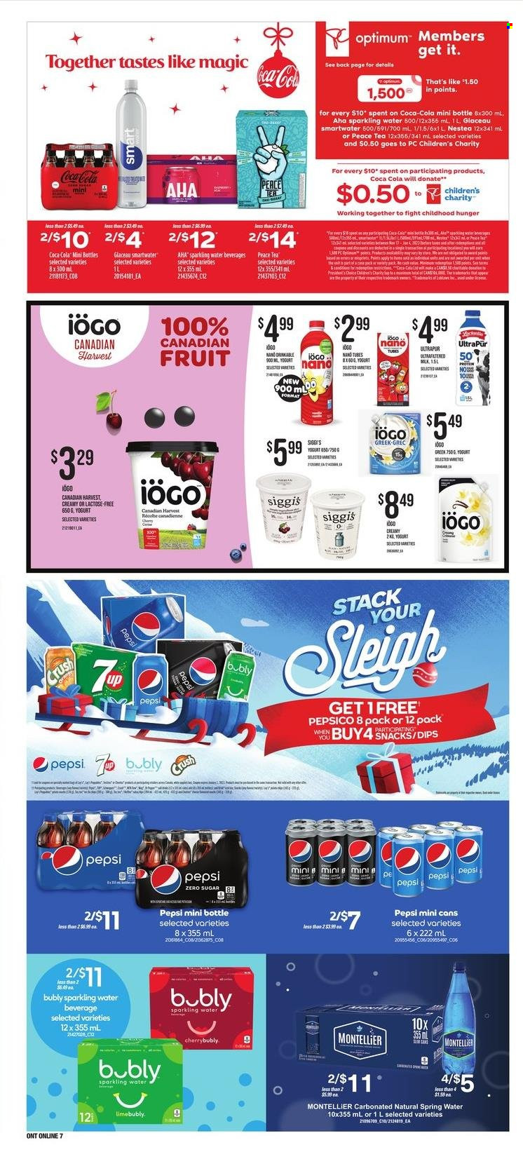 thumbnail - Zehrs Flyer - December 01, 2022 - December 07, 2022 - Sales products - cherries, Président, yoghurt, milk, snack, Coca-Cola, Pepsi, 7UP, spring water, sparkling water, Smartwater, tea, Optimum. Page 11.