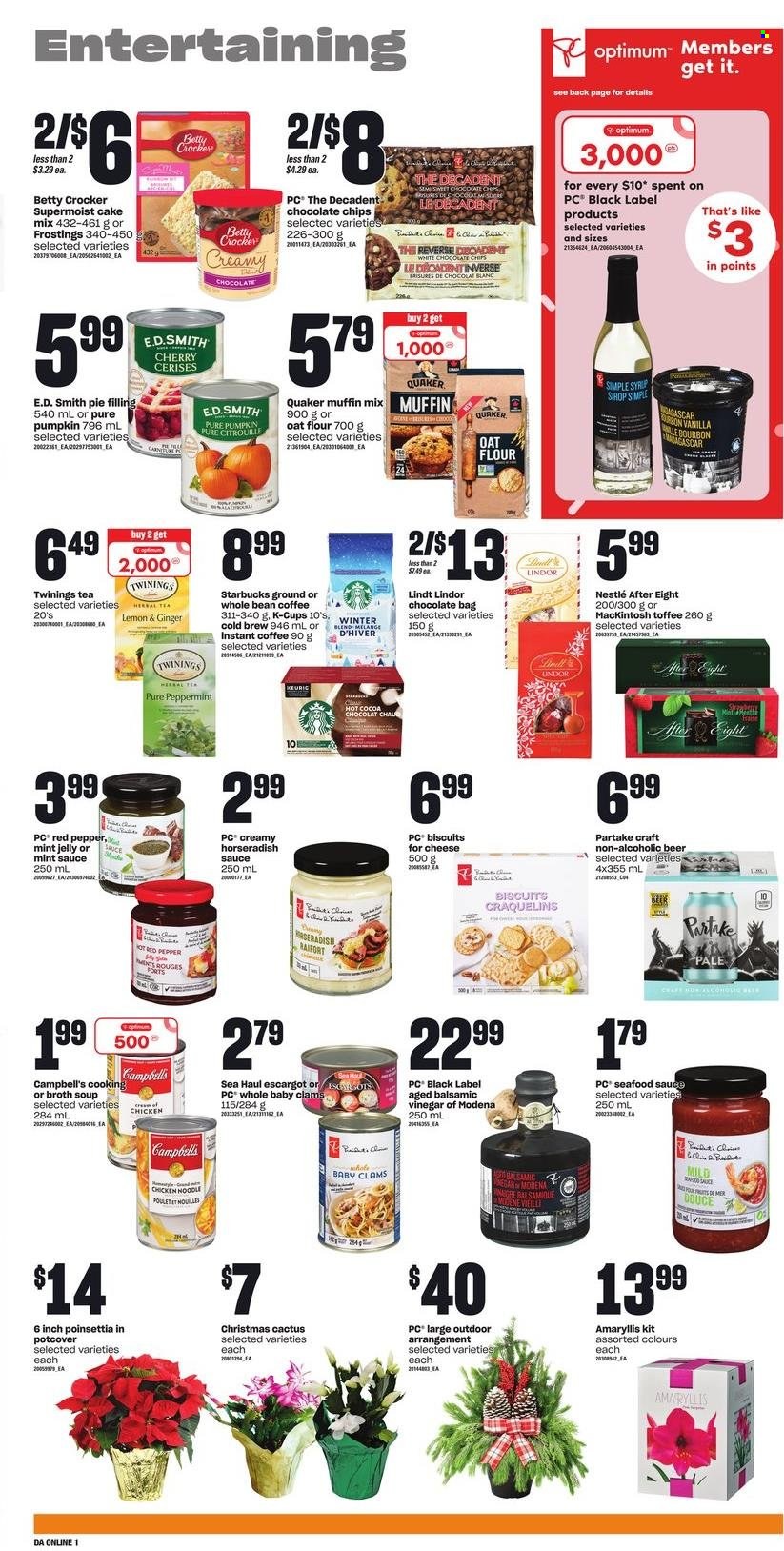 thumbnail - Dominion Flyer - December 01, 2022 - December 07, 2022 - Sales products - cake mix, muffin mix, horseradish, pumpkin, cherries, clams, seafood, Campbell's, soup, Quaker, noodles, cheese, toffee, jelly, biscuit, After Eight, flour, pie filling, oats, broth, mint jelly, balsamic vinegar, syrup, hot cocoa, tea, herbal tea, Twinings, coffee, instant coffee, coffee capsules, Starbucks, K-Cups, bourbon, beer, Optimum, poinsettia, cactus, Nestlé, Lindt, Lindor. Page 5.