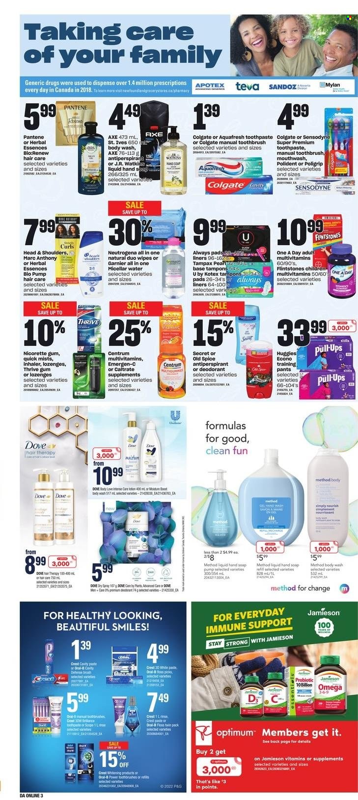 thumbnail - Dominion Flyer - December 01, 2022 - December 07, 2022 - Sales products - oranges, Dove, spice, Boost, wipes, pants, baby pants, Always liners, body wash, hand soap, hand wash, soap, toothbrush, toothpaste, mouthwash, Polident, Crest, Always pads, Kotex, tampons, micellar water, Herbal Essences, body lotion, anti-perspirant, Axe, book, Optimum, multivitamin, Nicorette, vitamin c, Omega-3, Emergen-C, Nicorette Gum, Centrum, scope, Colgate, Garnier, Neutrogena, Tampax, Head & Shoulders, Huggies, Pantene, Old Spice, Oral-B, Sensodyne, deodorant. Page 7.