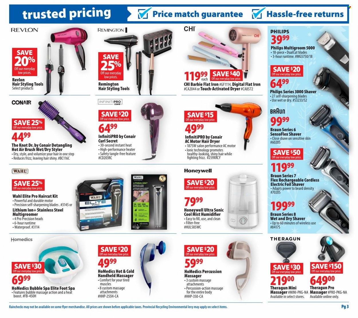 thumbnail - London Drugs Flyer - December 02, 2022 - December 07, 2022 - Sales products - Philips, Boost, Revlon, shaver, brush, Barbie, percussion instrument, Honeywell, iron, haircut kit, massager, foot spa, handheld massager, hair dryer, straightener, humidifier, Braun, Remington. Page 3.