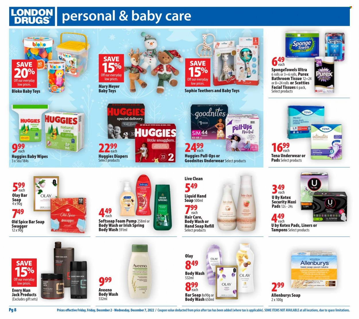 thumbnail - London Drugs Flyer - December 02, 2022 - December 07, 2022 - Sales products - oatmeal, mango, spice, oil, apple cider, cider, wipes, baby wipes, nappies, Aveeno, bath tissue, Purex, body wash, Softsoap, hand soap, soap bar, soap, sanitary pads, Kotex, Kotex pads, tampons, facial tissues, Olay, anti-perspirant, eau de parfum, sponge, towel, toys, pump, shampoo, Huggies, Old Spice, deodorant. Page 8.