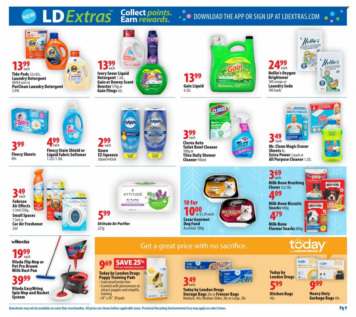thumbnail - London Drugs Flyer - December 02, 2022 - December 07, 2022 - Sales products - chewing gum, biscuit, soda, Boost, Febreze, Gain, cleaner, bleach, all purpose cleaner, Clorox, Tide, fabric softener, liquid detergent, laundry detergent, Downy Laundry, bag, storage bag, Vileda, spin mop, mop, broom, freezer bag, eraser, air freshener, freezer, air purifier, detergent. Page 9.