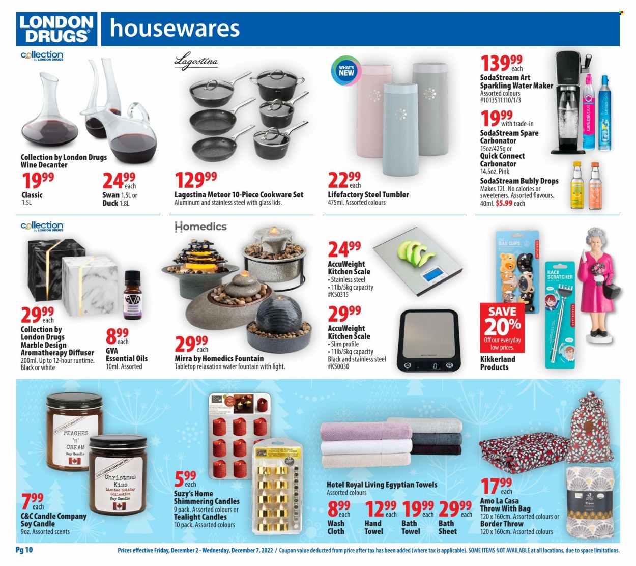 thumbnail - London Drugs Flyer - December 02, 2022 - December 07, 2022 - Sales products - scale, wine, cookware set, tumbler, bag clips, SodaStream, kitchen scale, candle, diffuser, tealight, essential oils, bath towel, towel, washcloth, hand towel, water maker. Page 10.
