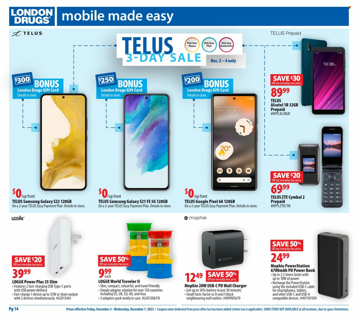 thumbnail - London Drugs Flyer - December 02, 2022 - December 07, 2022 - Sales products - Samsung Galaxy, coffee, wall charger, battery, Samsung, Samsung Galaxy S, Samsung Galaxy S21, Alcatel, power bank, adapter. Page 14.