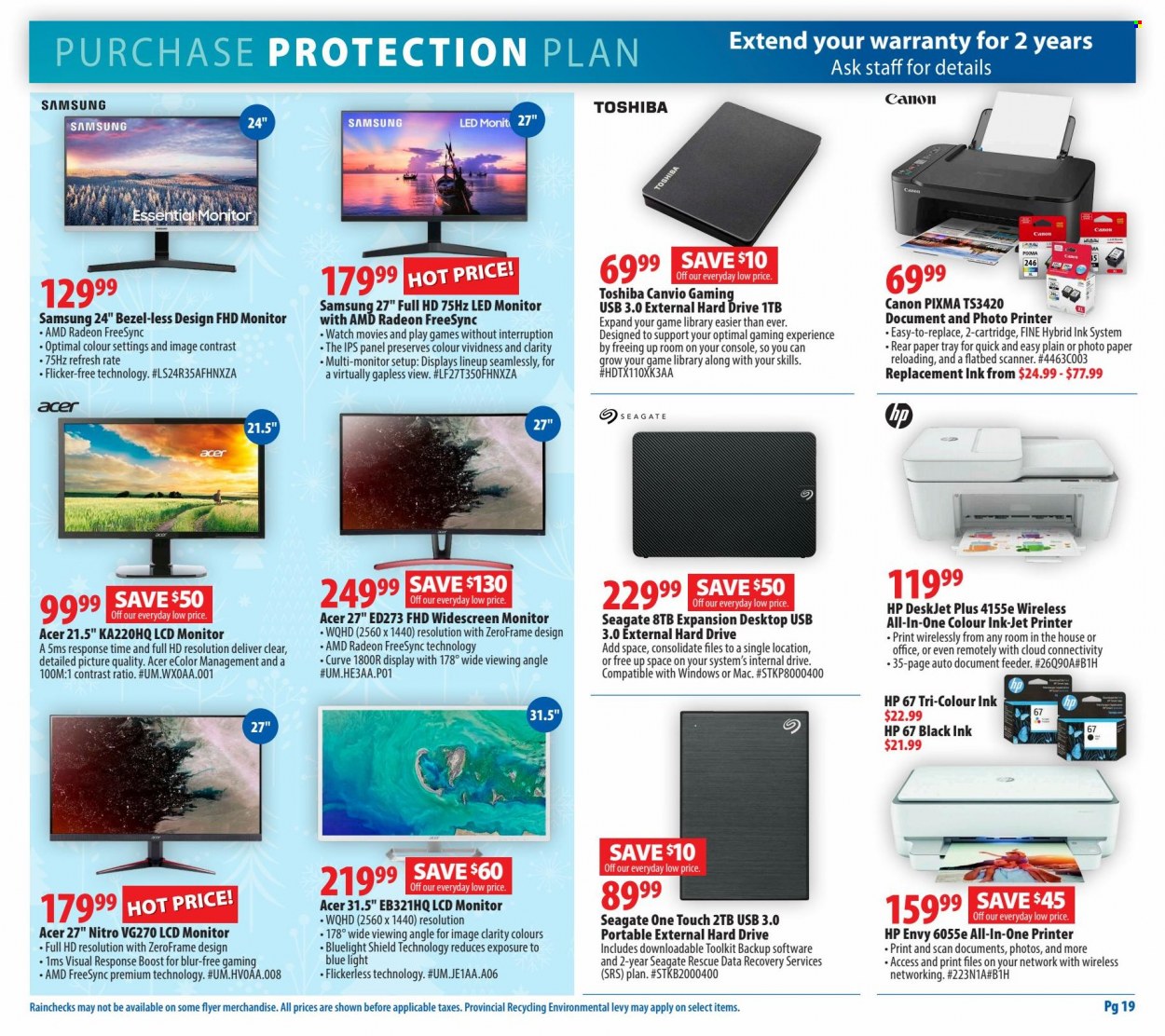 thumbnail - London Drugs Flyer - December 02, 2022 - December 07, 2022 - Sales products - Hewlett Packard, Boost, Samsung, hp envy, Seagate, hard disk, Radeon, AMD Radeon, all-in-one printer, printer, HP DeskJet, scanner, Acer, Canon, monitor, Toshiba. Page 19.